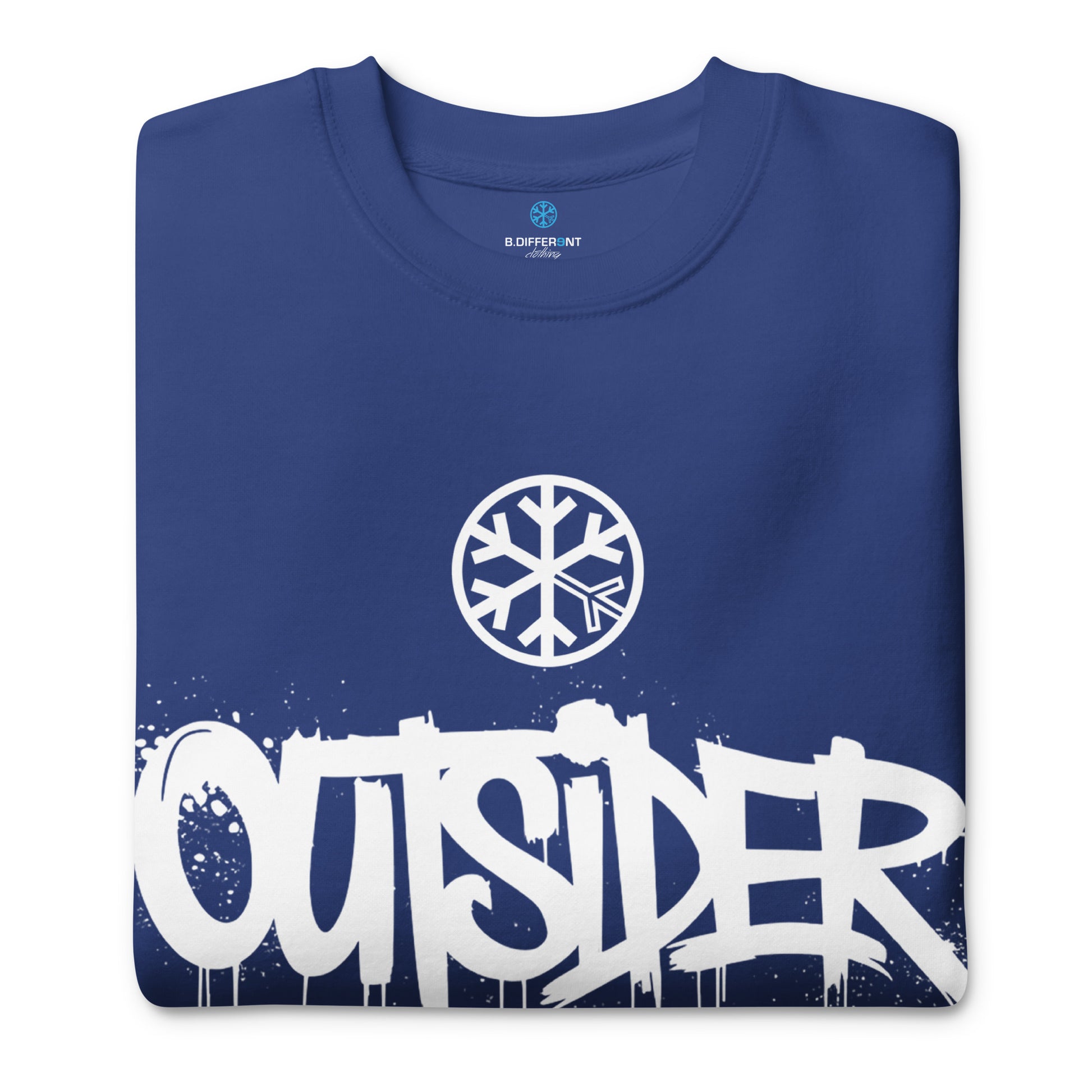 Blue-Outsider Graffiti Tag Sweatshirt from B.Different Clothing, folded, graffiti-inspired streetwear