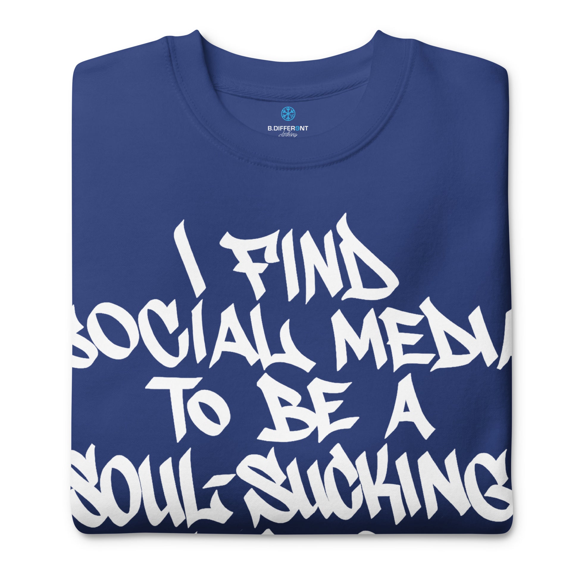 Blue-Social Media Graffiti Tag Sweatshirt from B.Different Clothing, folded, graffiti-inspired streetwear