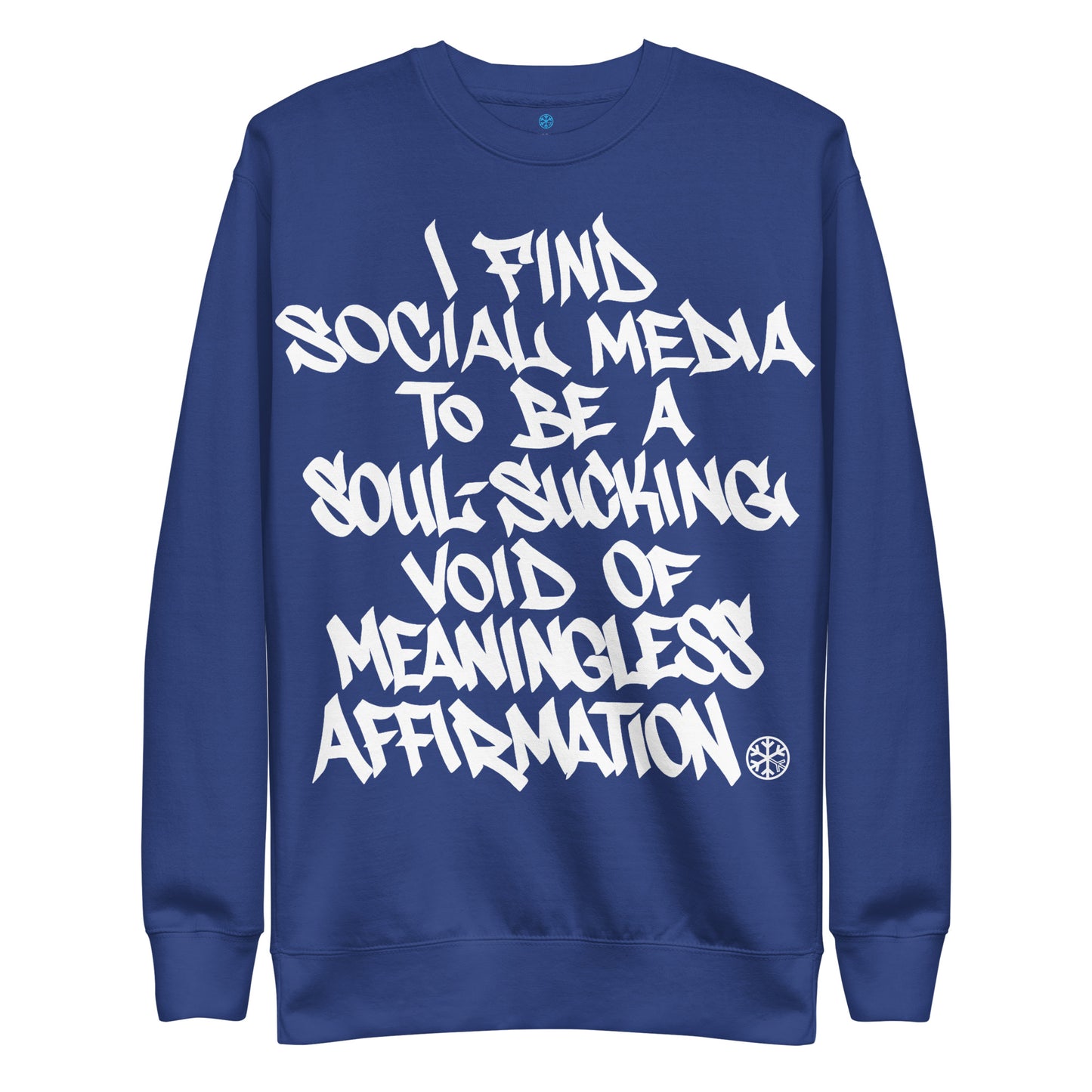 Blue-Social Media Graffiti Tag Sweatshirt from B.Different Clothing, front view, graffiti-inspired streetwear