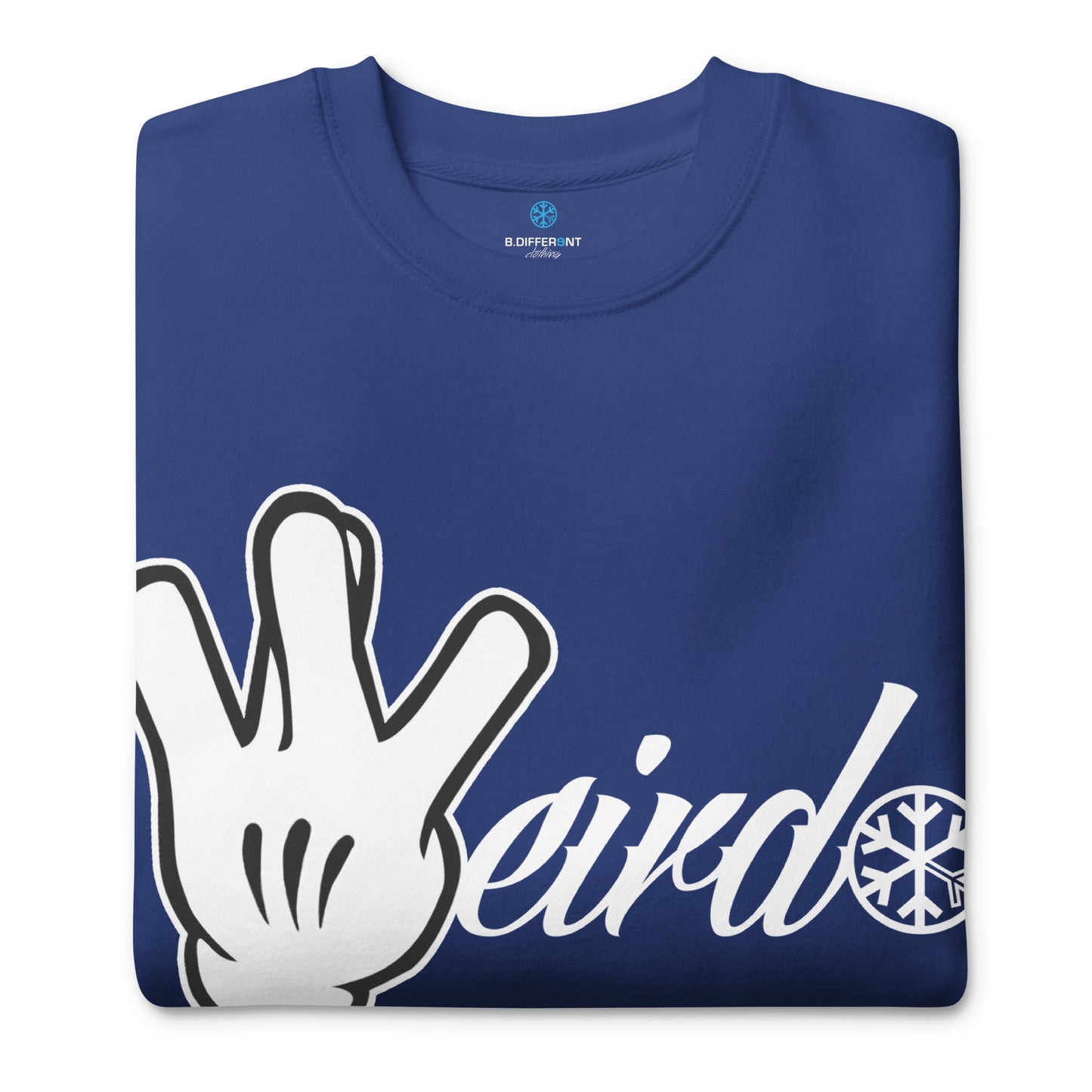 Blue-Weirdo Hand Sign Sweatshirt from B.Different Clothing, folded, graffiti-inspired streetwear
