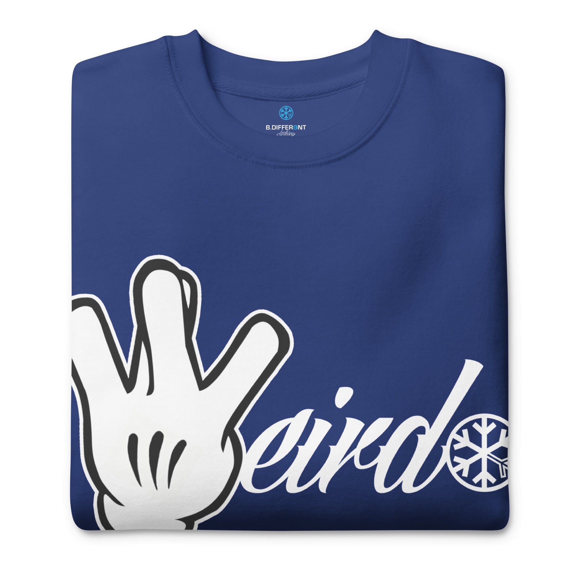 Blue-Weirdo Hand Sign Sweatshirt from B.Different Clothing, folded, graffiti-inspired streetwear