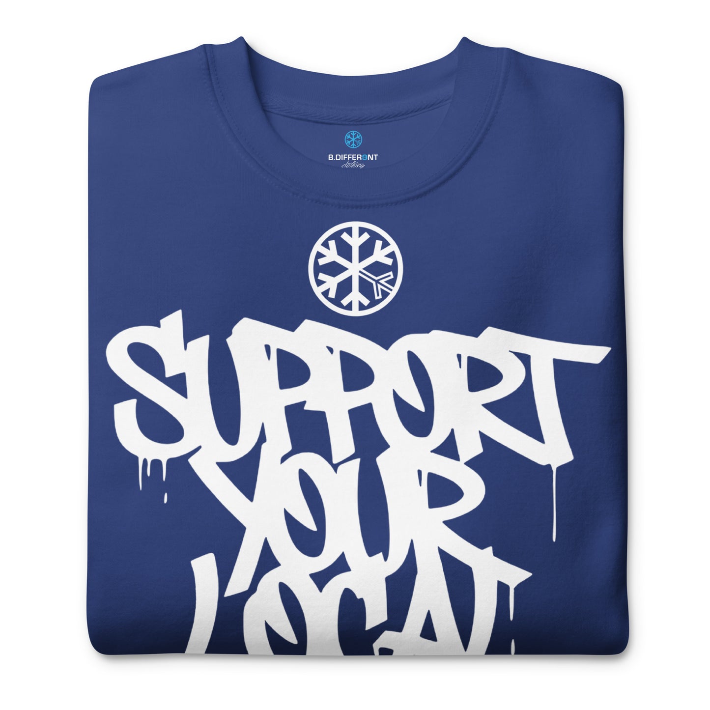 Blue-Support Your Local Graffiti Artists Sweatshirt from B.Different Clothing, folded, graffiti-inspired streetwear