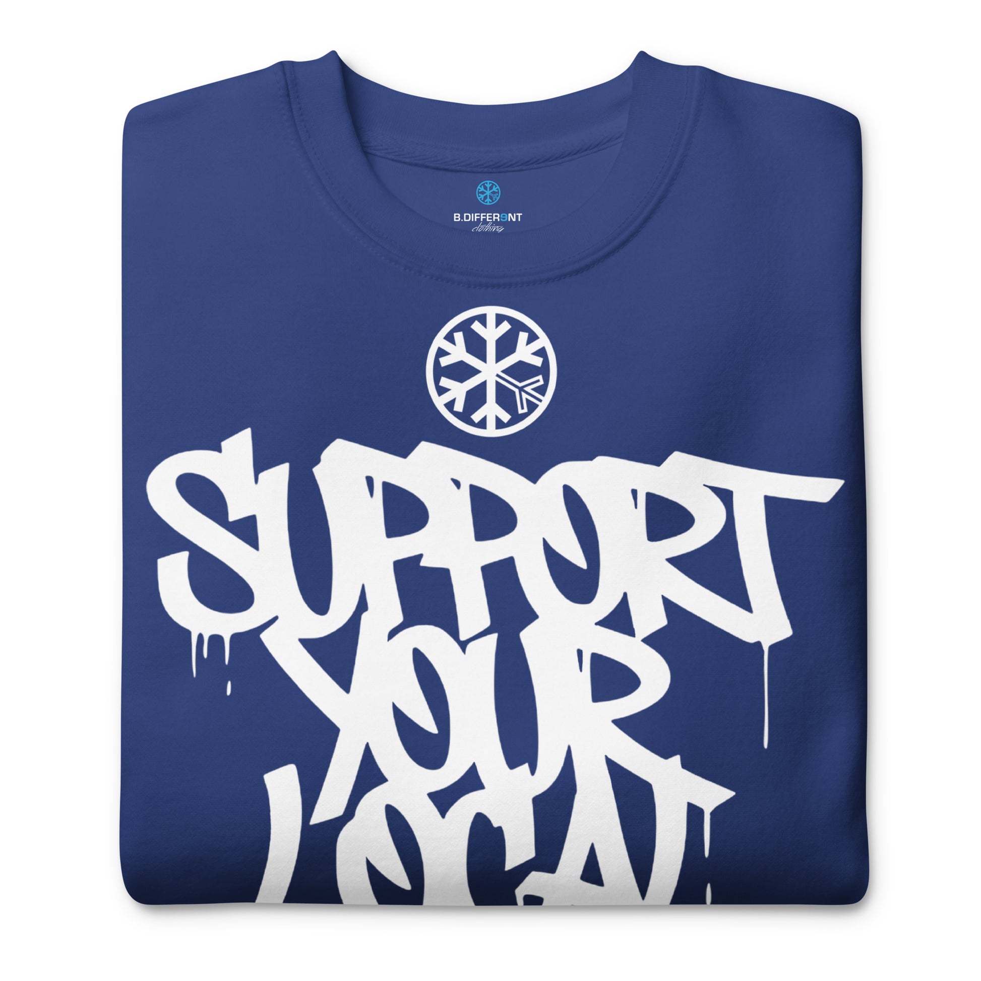 Blue-Support Your Local Graffiti Artists Sweatshirt from B.Different Clothing, folded, graffiti-inspired streetwear