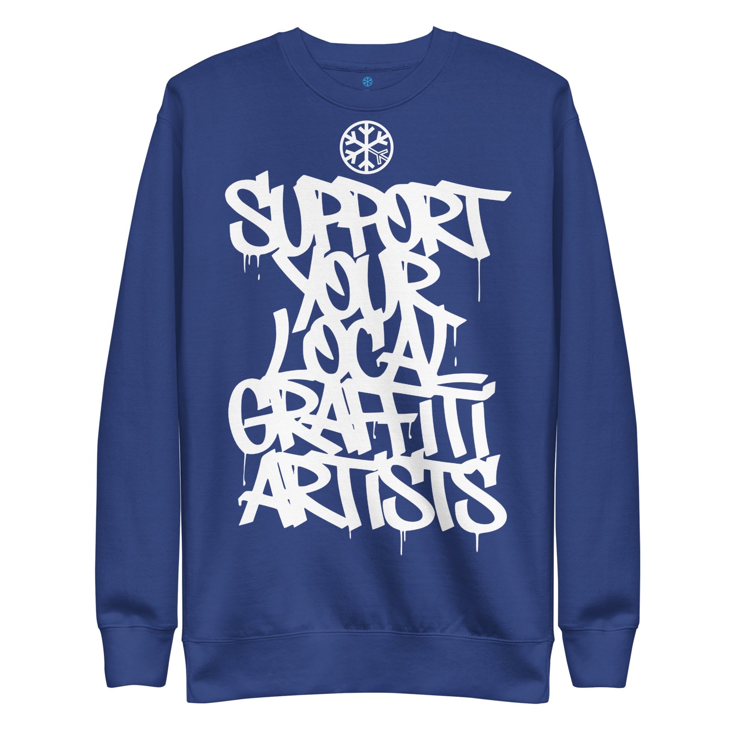 Blue-Support Your Local Graffiti Artists Sweatshirt from B.Different Clothing, front view, graffiti-inspired streetwear