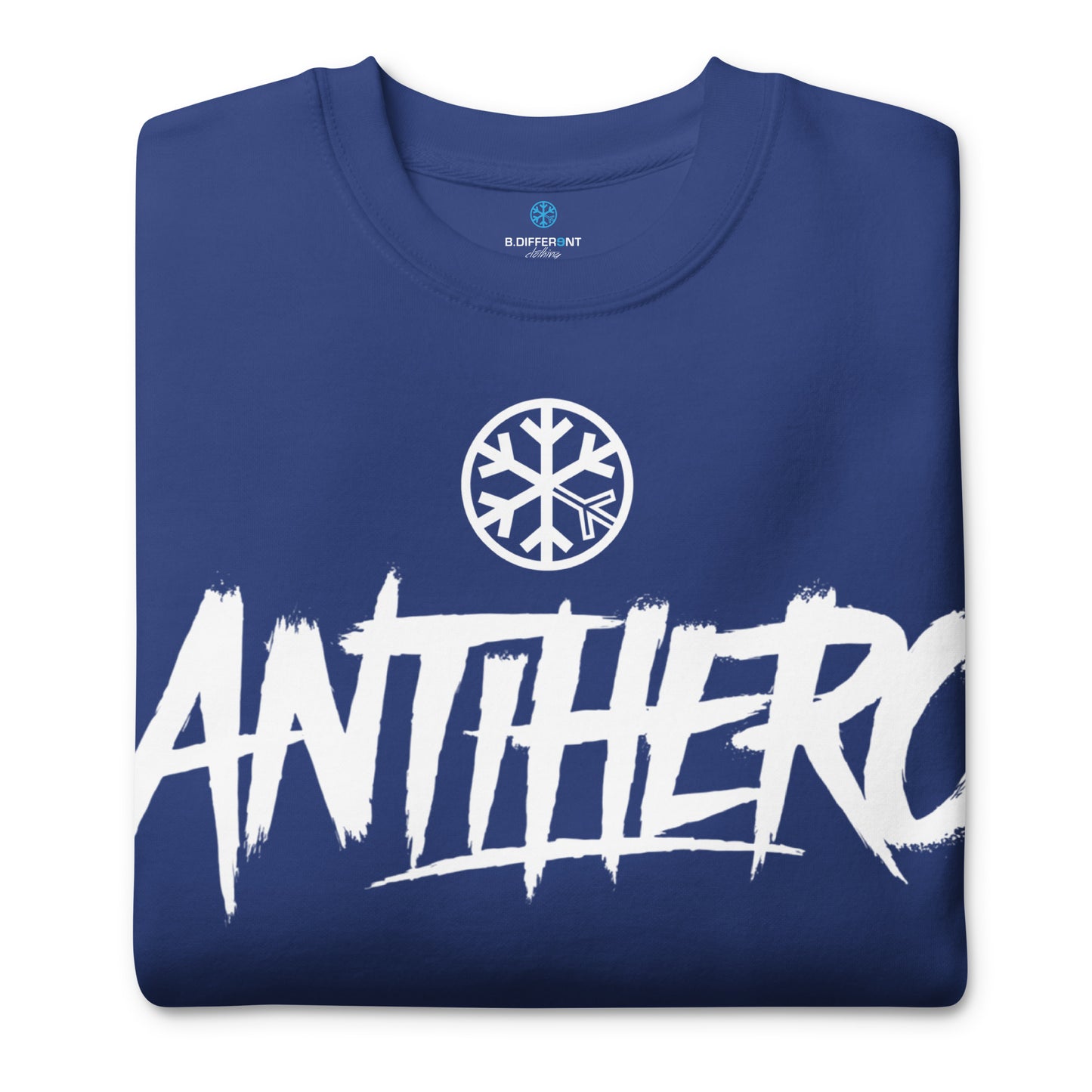 Blue-Antihero Graffiti Tag Sweatshirt from B.Different Clothing, folded, graffiti-inspired streetwear