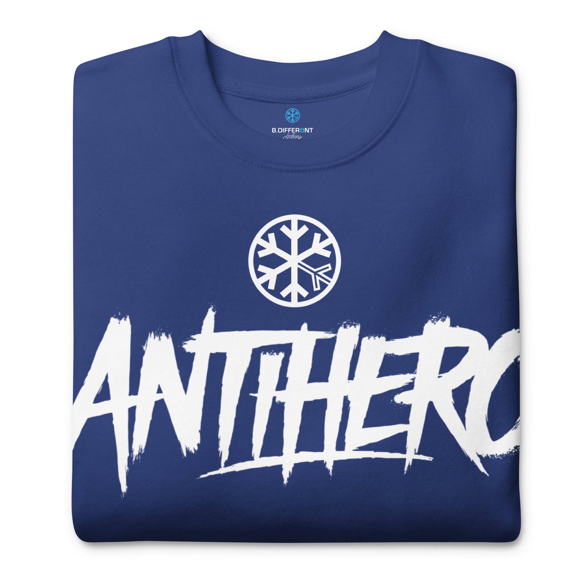 Blue-Antihero Graffiti Tag Sweatshirt from B.Different Clothing, folded, graffiti-inspired streetwear