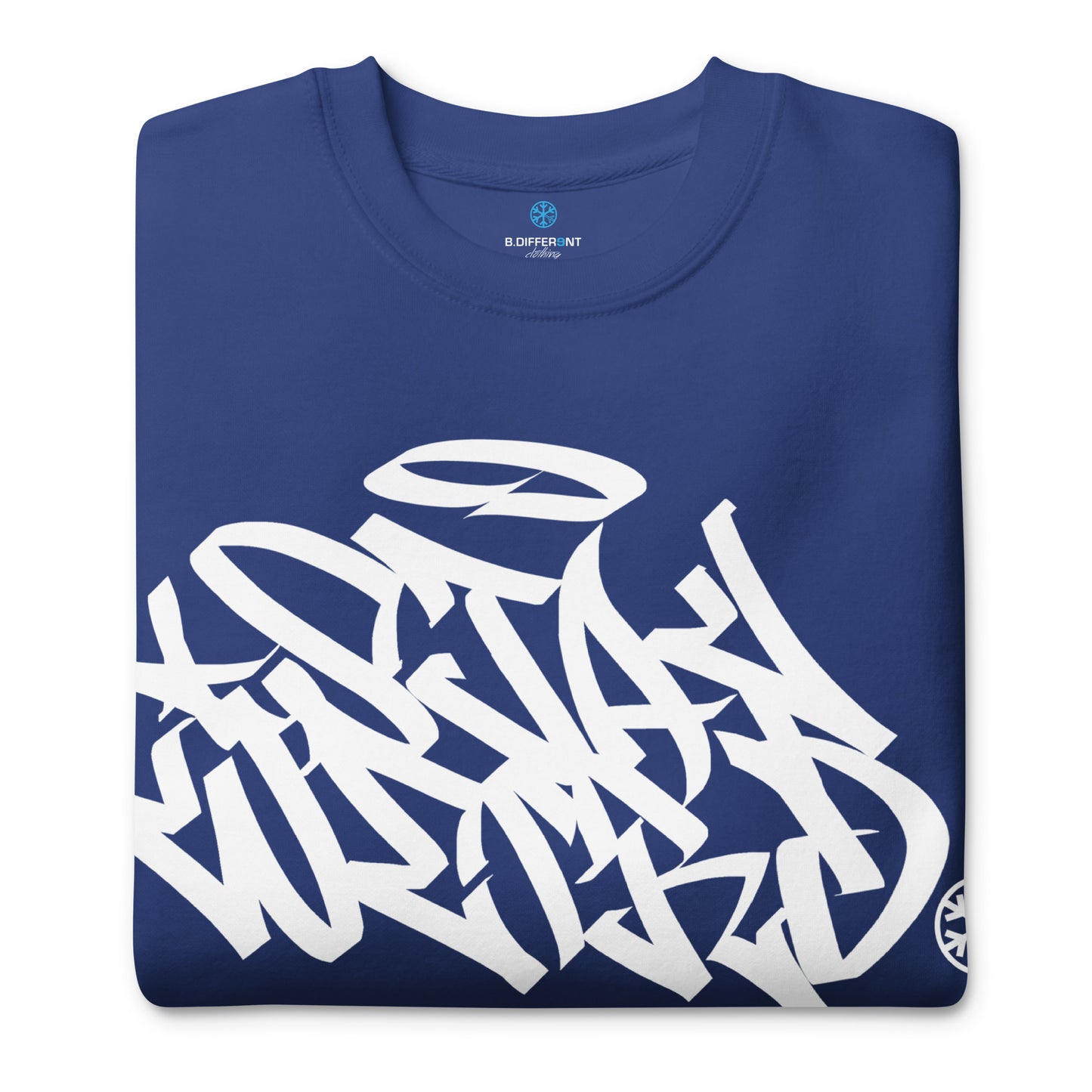 Blue-Stay Weird Graffiti Tag Sweatshirt from B.Different Clothing, folded, graffiti-inspired streetwear