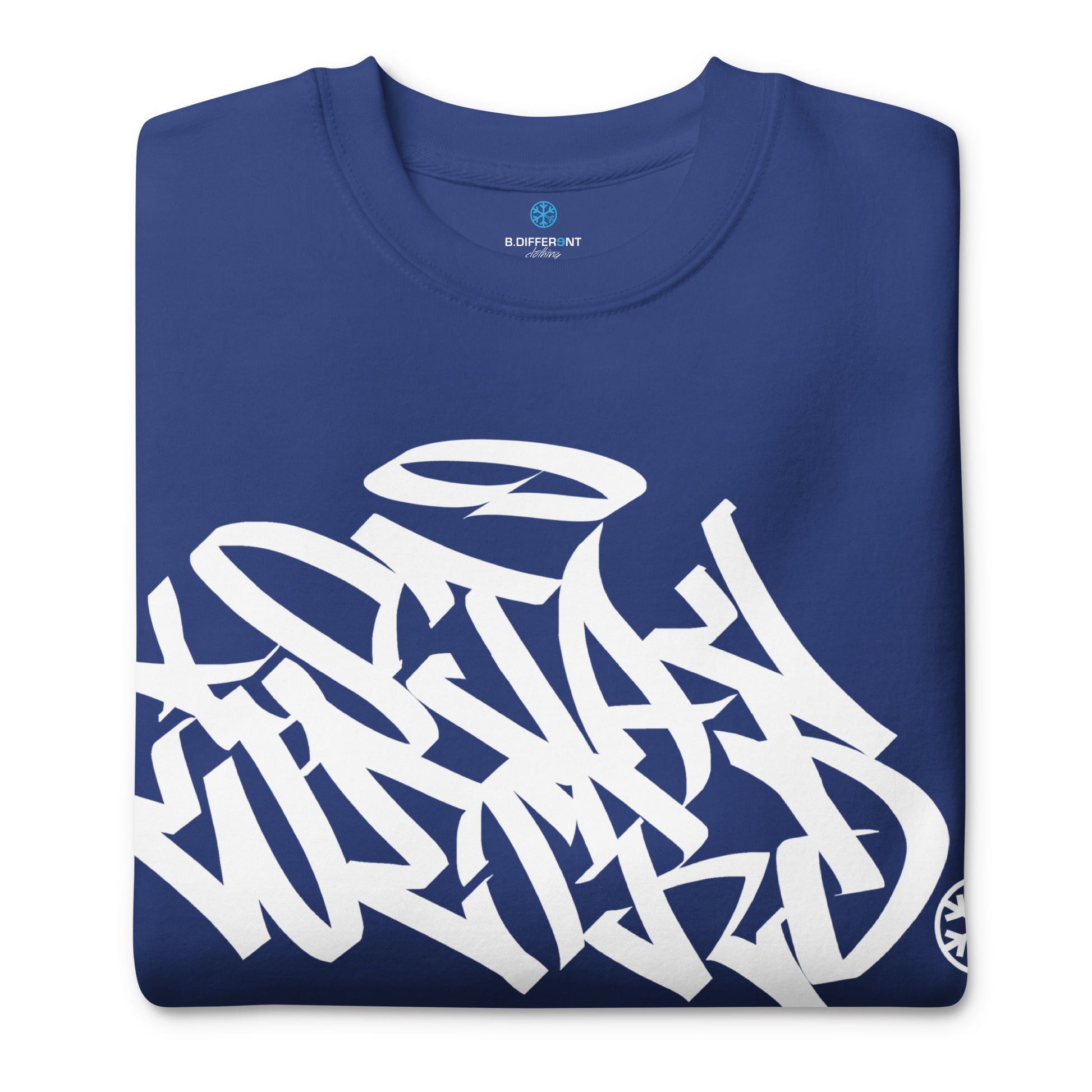 Blue-Stay Weird Graffiti Tag Sweatshirt from B.Different Clothing, folded, graffiti-inspired streetwear