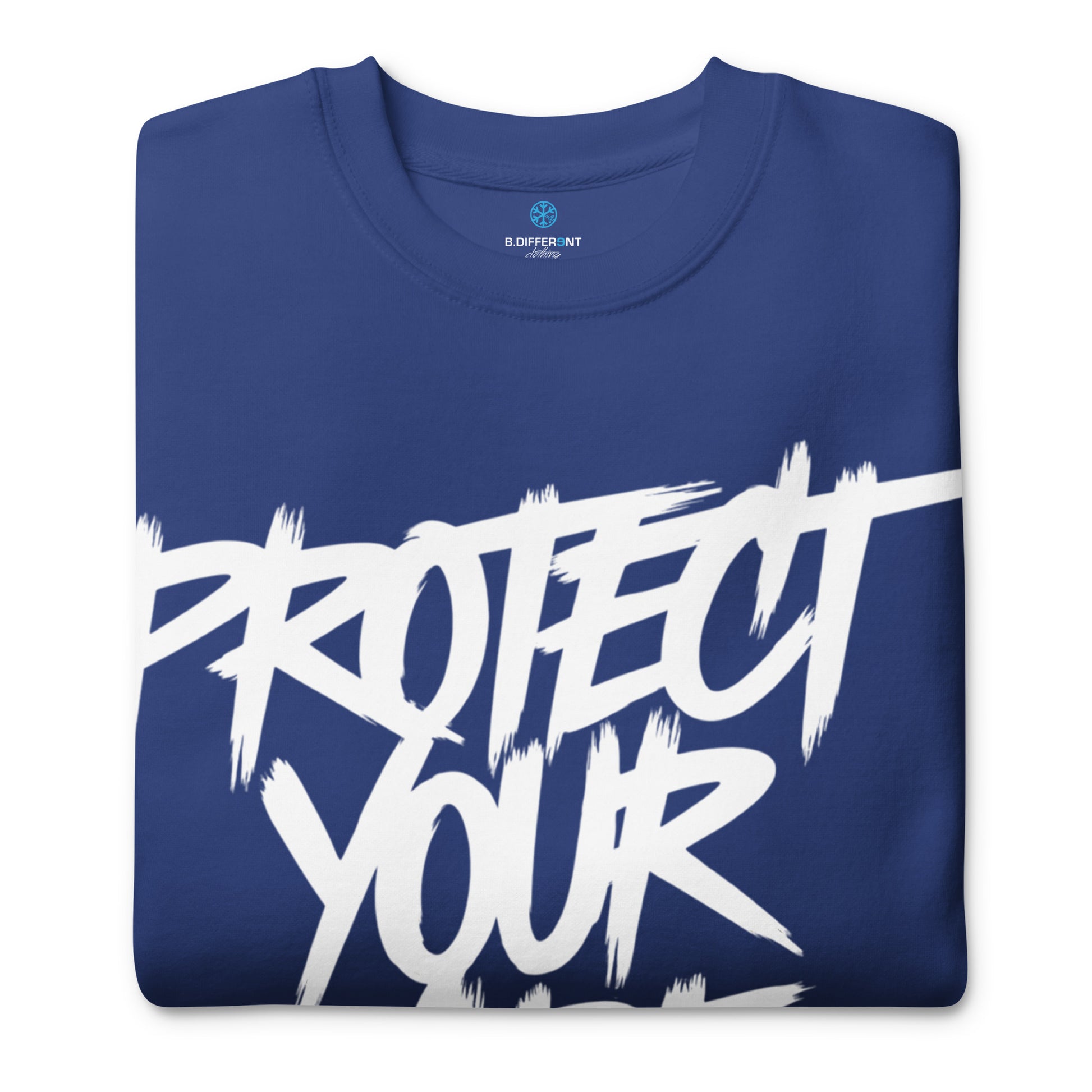 Blue-Protect Your Vibe Graffiti Tag Sweatshirt from B.Different Clothing, folded, graffiti-inspired streetwear