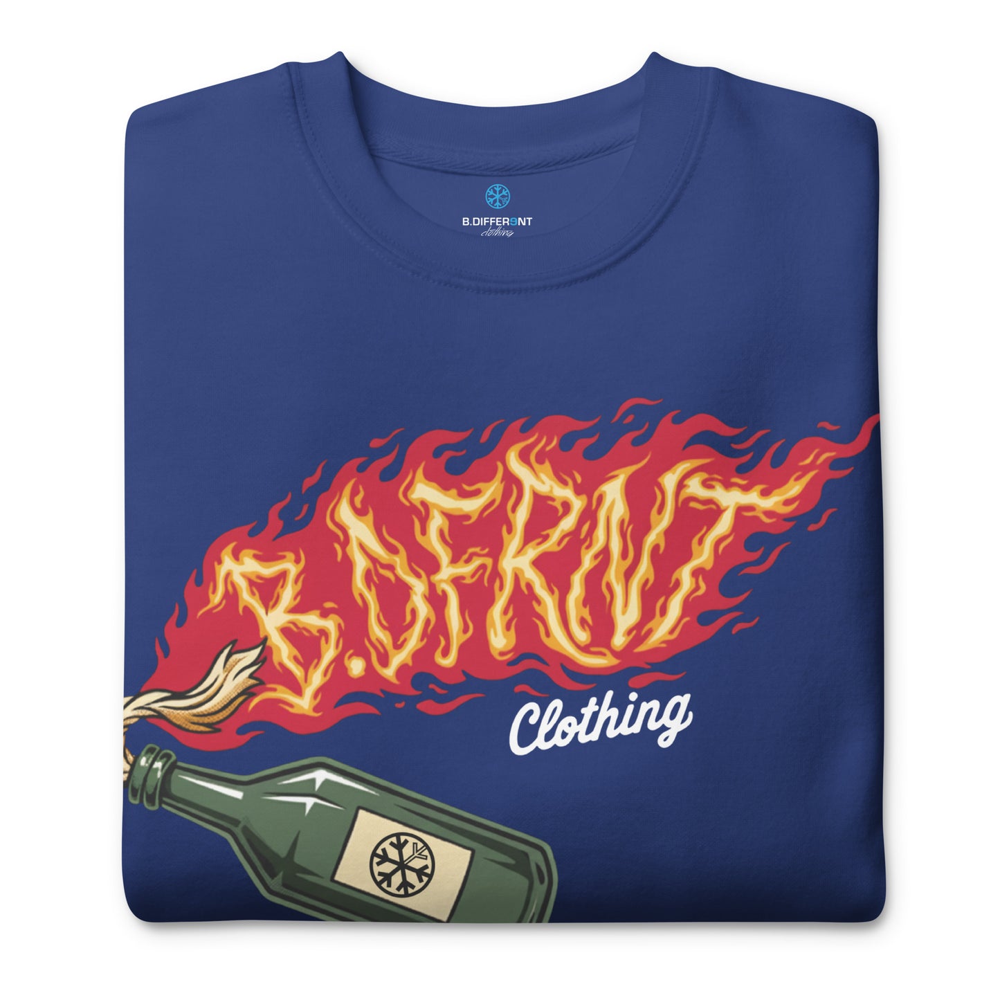 Blue-Molotov Graffiti Sweatshirt from B.Different Clothing, folded, graffiti-inspired streetwear