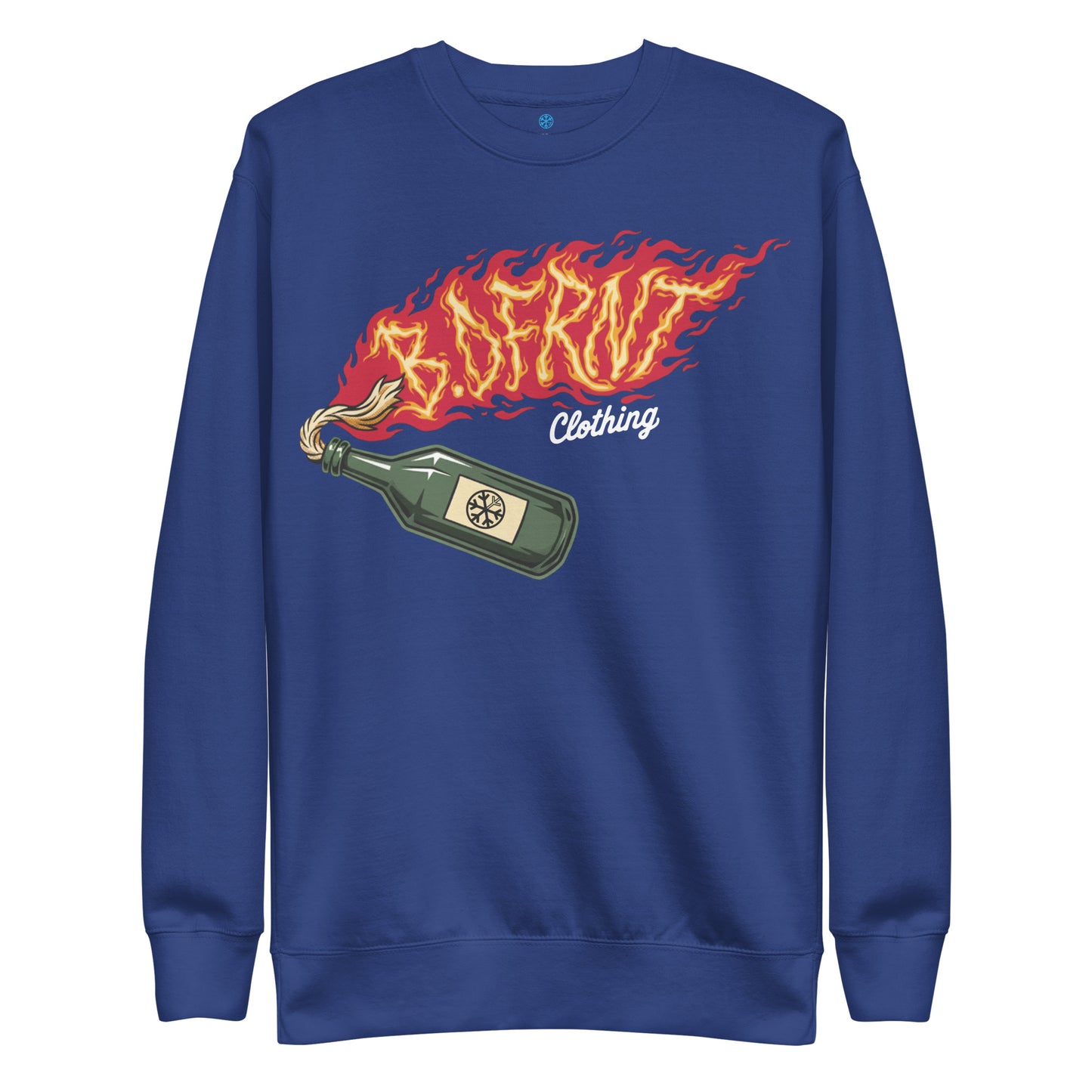 Blue-Molotov Graffiti Sweatshirt from B.Different Clothing, front view, graffiti-inspired streetwear