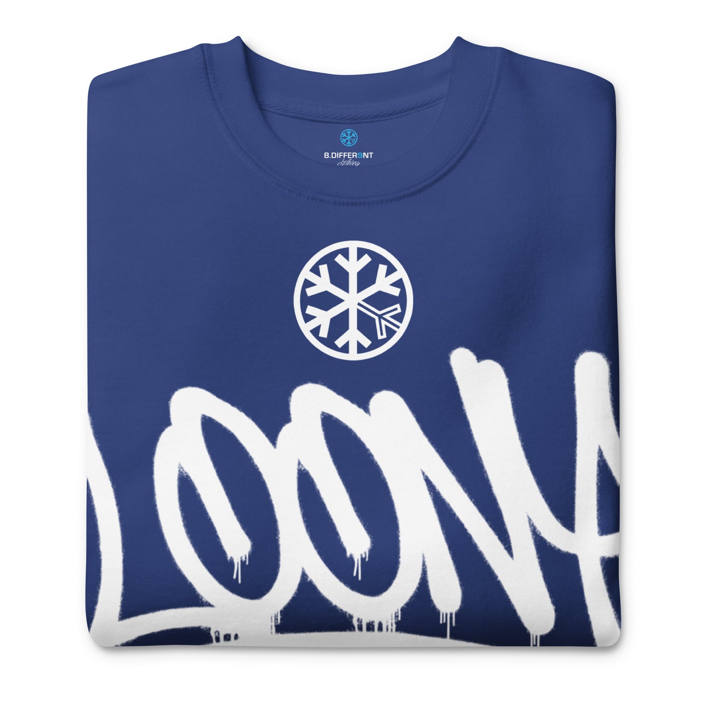 Blue-Loony Graffiti Tag Sweatshirt from B.Different Clothing, folded, graffiti-inspired streetwear