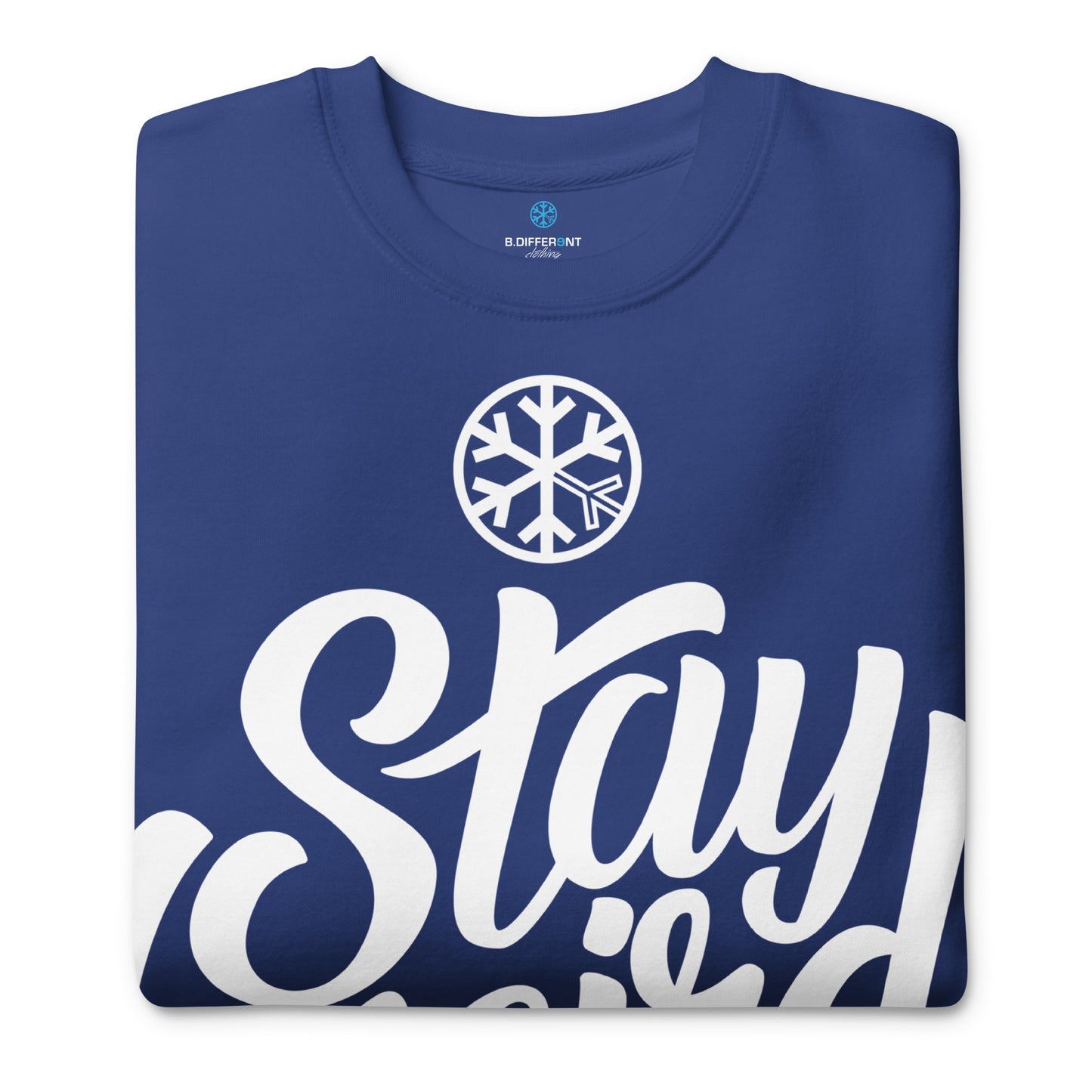 Blue-Stay Weird Sweatshirt from B.Different Clothing, folded, graffiti-inspired streetwear