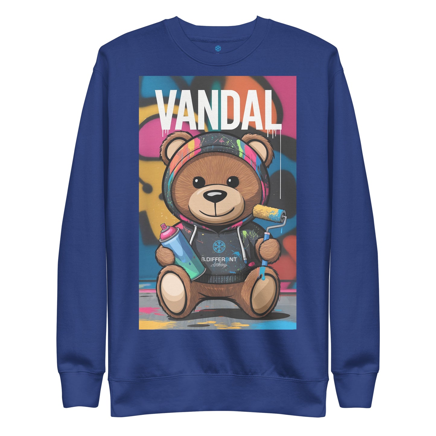 Blue-Vandal Teddy Bear Graffiti Sweatshirt from B.Different Clothing, front view, graffiti-inspired streetwear