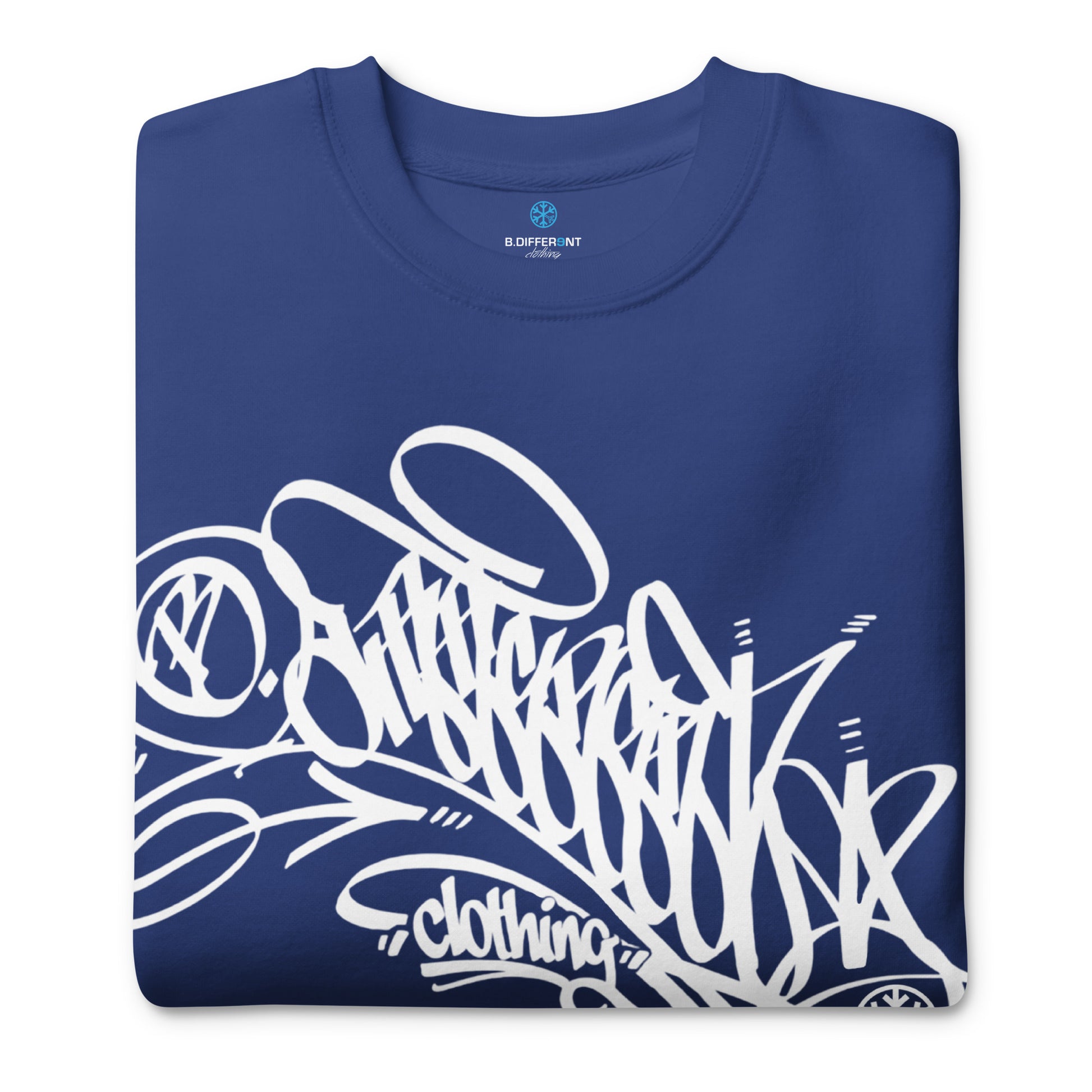 Blue-B.Different Clothing Graffiti Tag Sweatshirt from B.Different Clothing, folded, graffiti-inspired streetwear