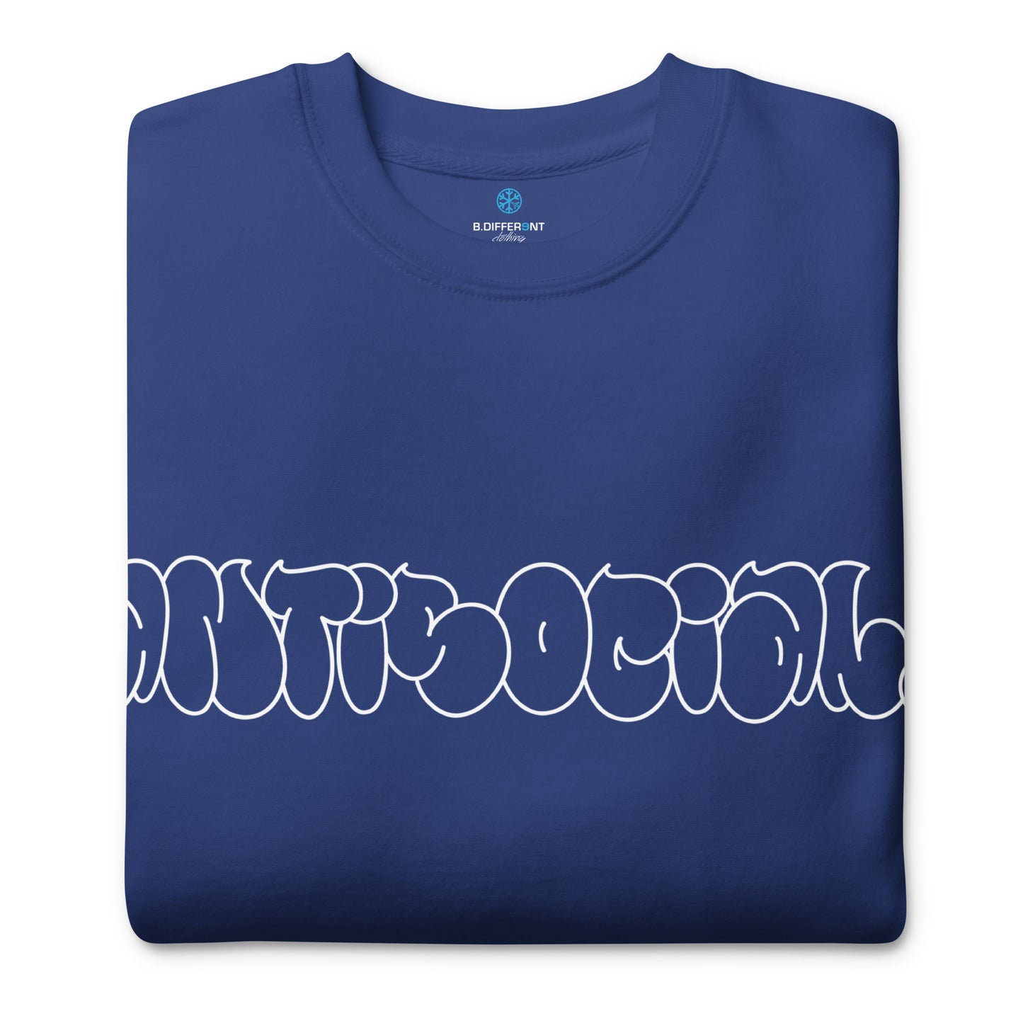 Blue-Antisocial Graffiti Hollow Sweatshirt from B.Different Clothing, folded, graffiti-inspired streetwear