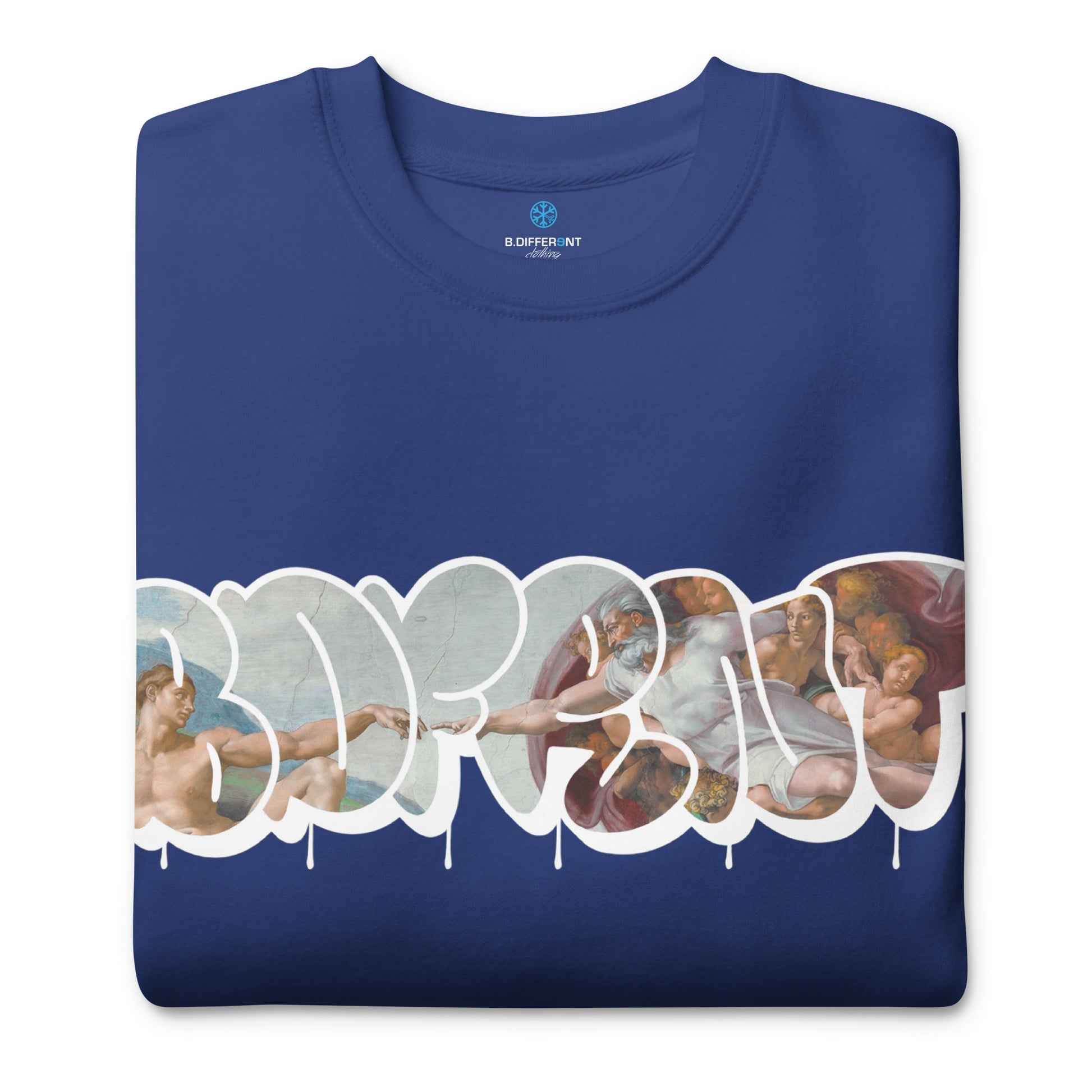 Blue-BDFRNT Throwie x Creation of Adam Graffiti Sweatshirt from B.Different Clothing, folded, graffiti-inspired streetwear