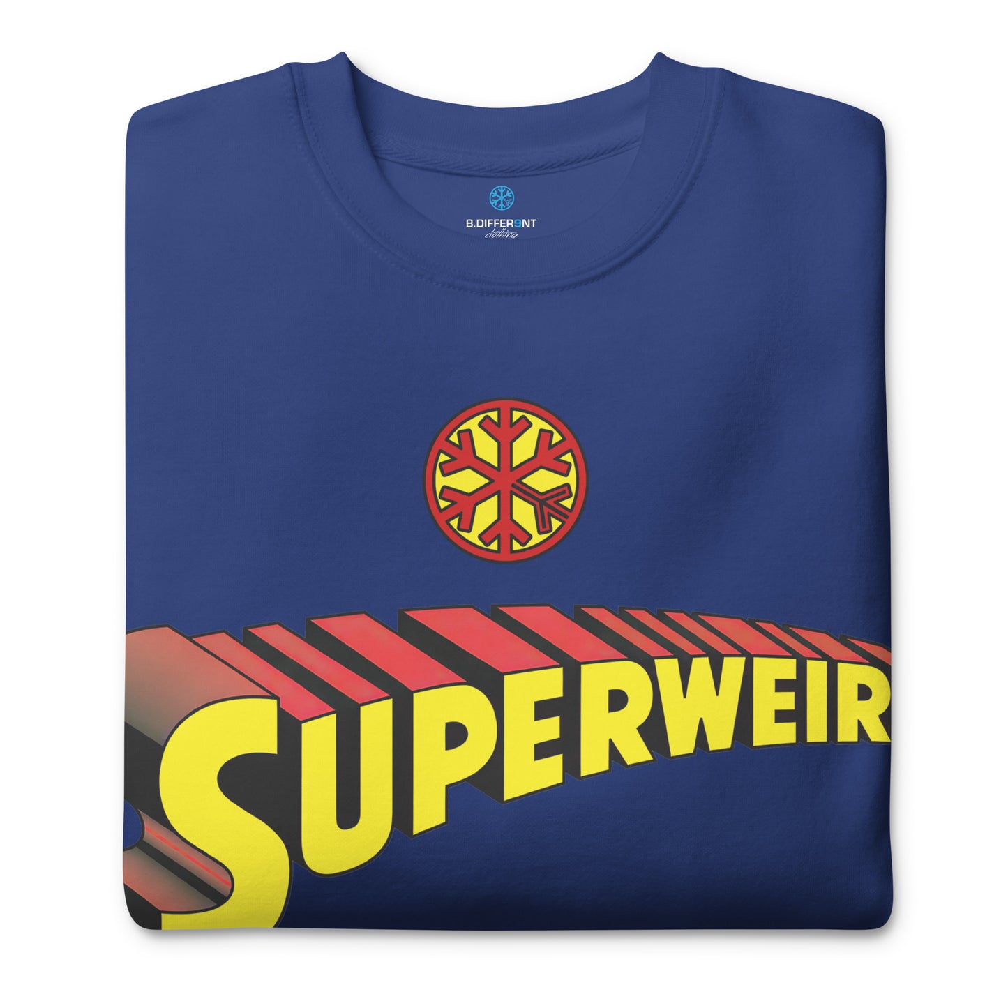 Blue-Superweird Sweatshirt from B.Different Clothing, folded, graffiti-inspired streetwear
