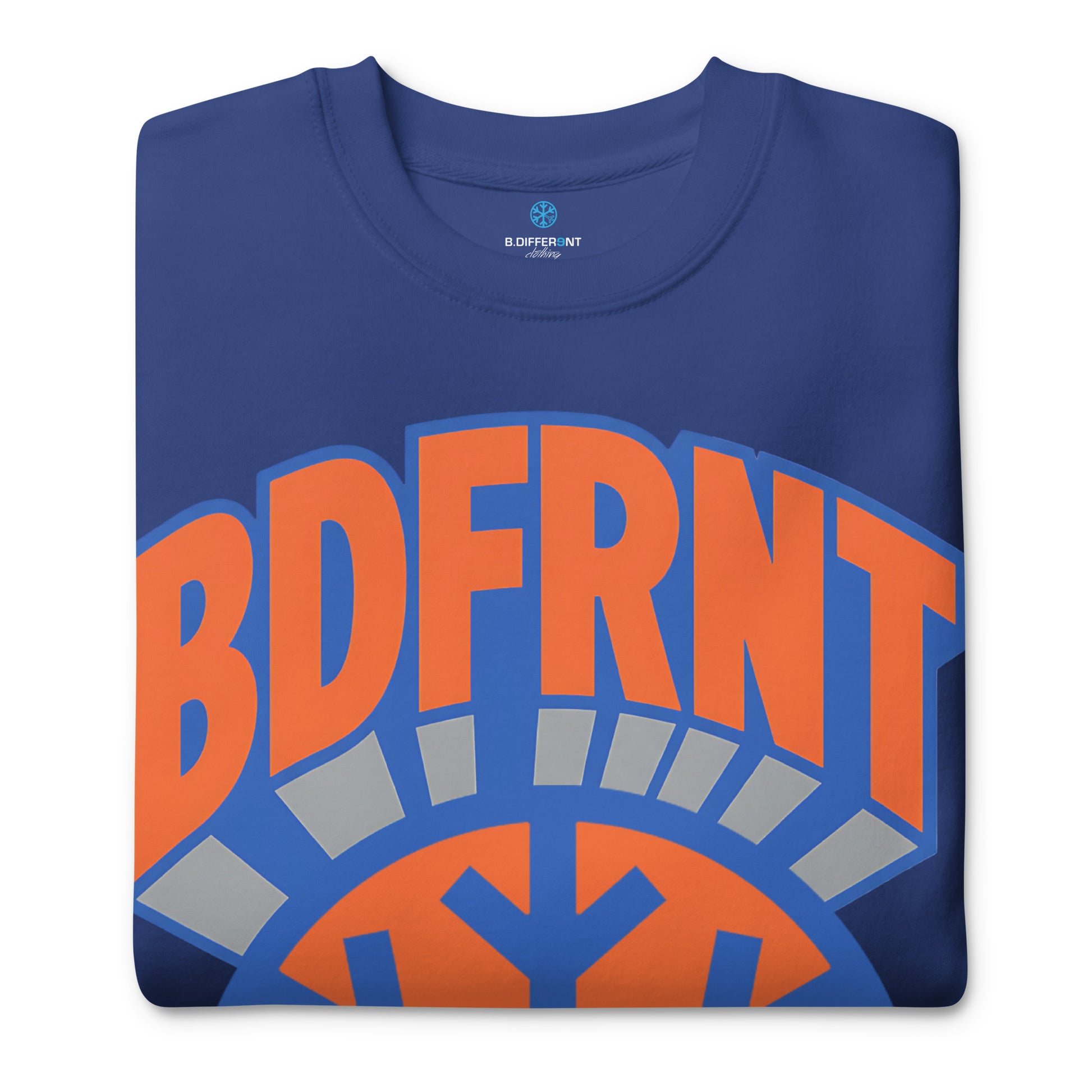 Blue-BDFRNT Logo 1989 Sweatshirt from B.Different Clothing, folded, graffiti-inspired streetwear