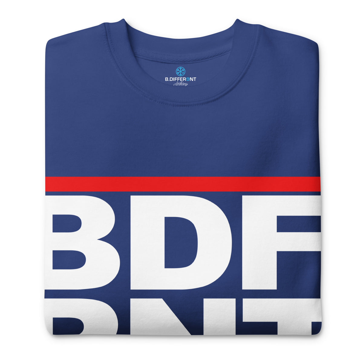 Team Royal-BDFRNT OG Logo Sweatshirt from B.Different Clothing, folded, graffiti-inspired streetwear