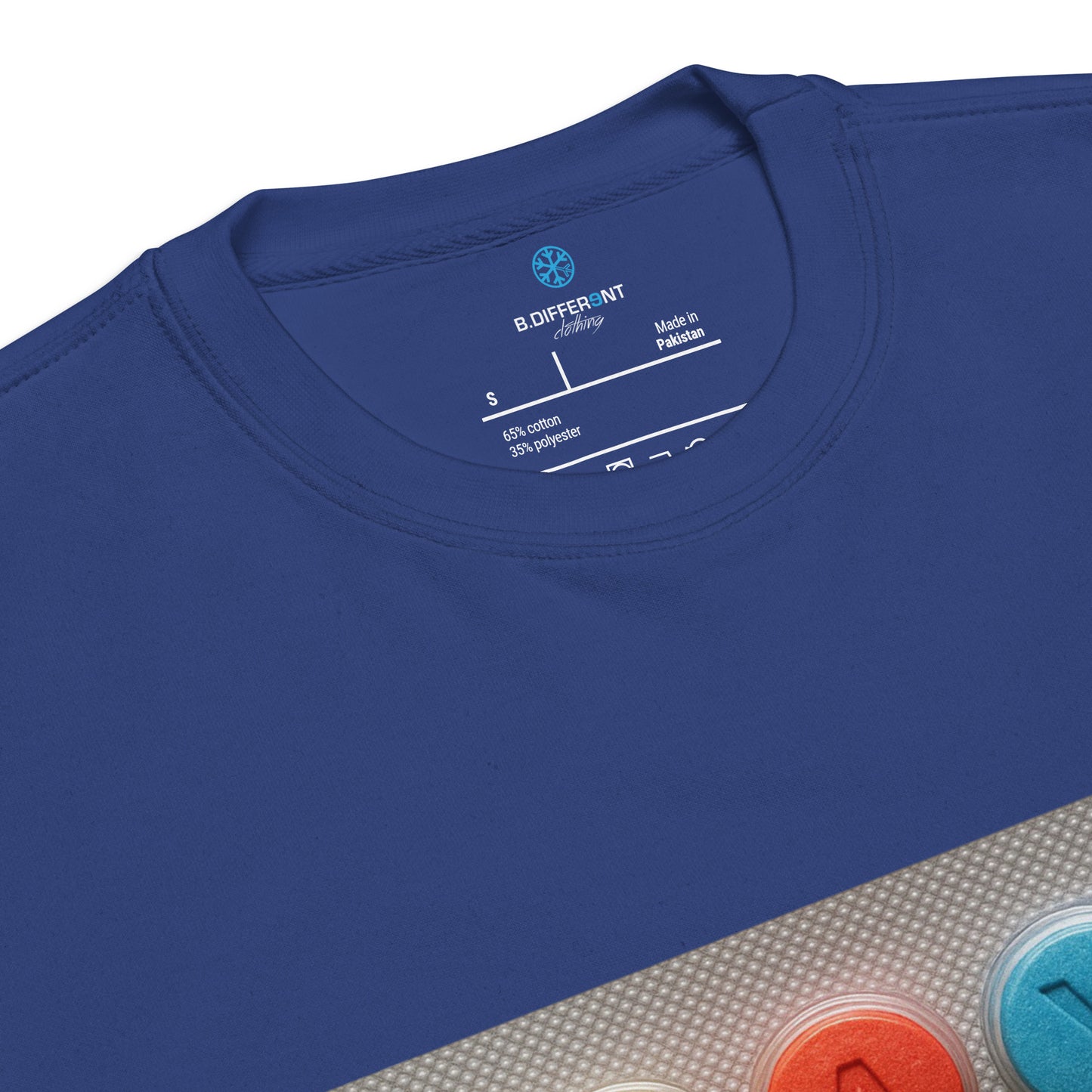 Blue-Stay Weird Pills Sweatshirt from B.Different Clothing, collar, graffiti-inspired streetwear