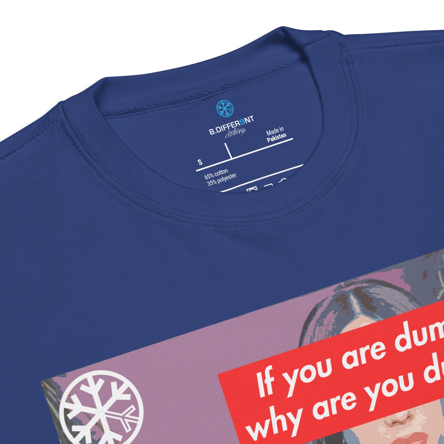 Blue-Why Are You Dumb Sweatshirt from B.Different Clothing, collar, graffiti-inspired streetwear