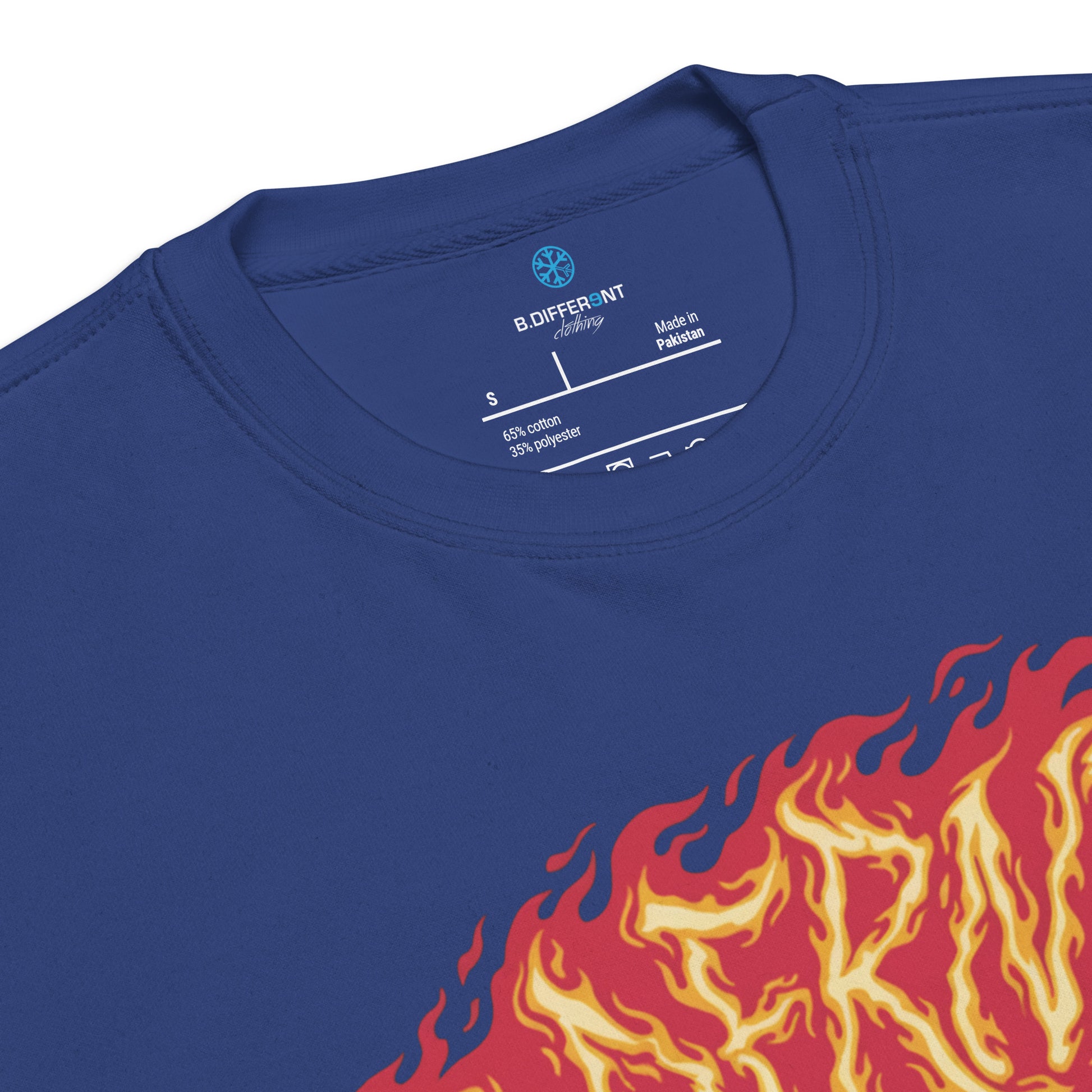 Blue-Molotov Graffiti Sweatshirt from B.Different Clothing, collar, graffiti-inspired streetwear