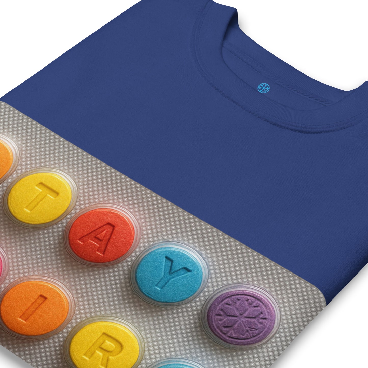 Blue-Stay Weird Pills Sweatshirt from B.Different Clothing, detail, graffiti-inspired streetwear