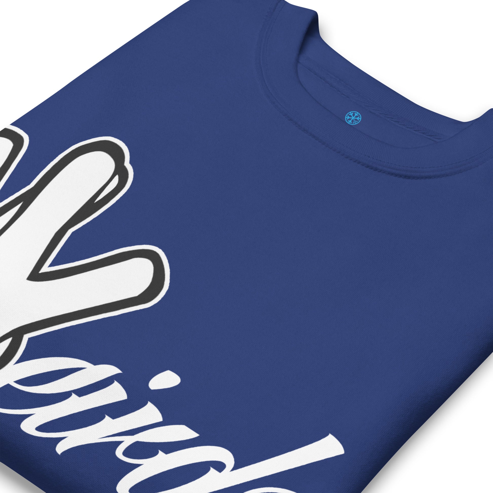 Blue-Weirdo Hand Sign Sweatshirt from B.Different Clothing, detail, graffiti-inspired streetwear