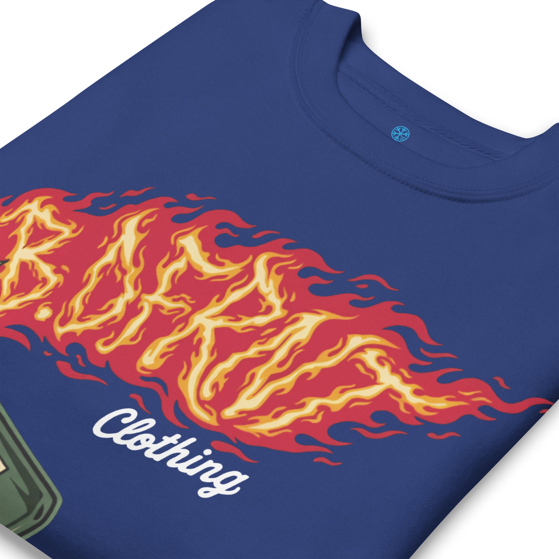 Blue-Molotov Graffiti Sweatshirt from B.Different Clothing, detail, graffiti-inspired streetwear