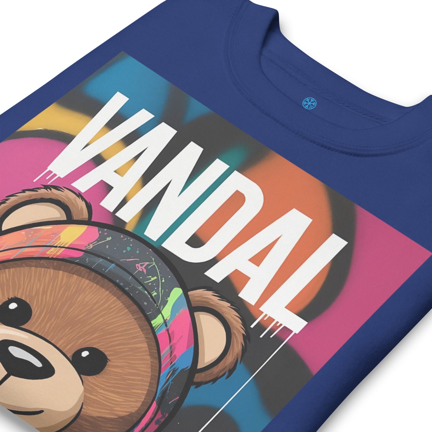 Blue-Vandal Teddy Bear Graffiti Sweatshirt from B.Different Clothing, detail, graffiti-inspired streetwear