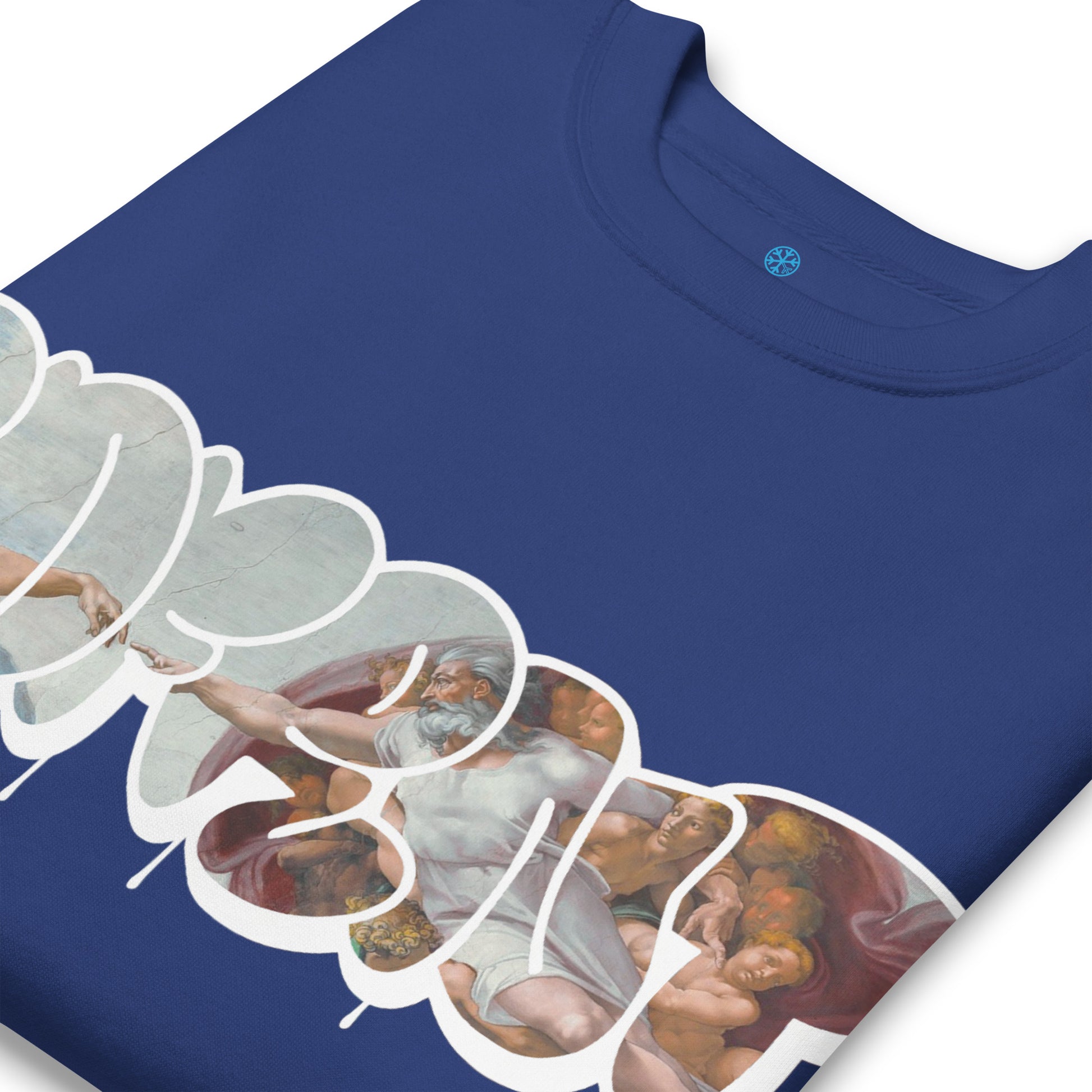 Blue-BDFRNT Throwie x Creation of Adam Graffiti Sweatshirt from B.Different Clothing, detail, graffiti-inspired streetwear