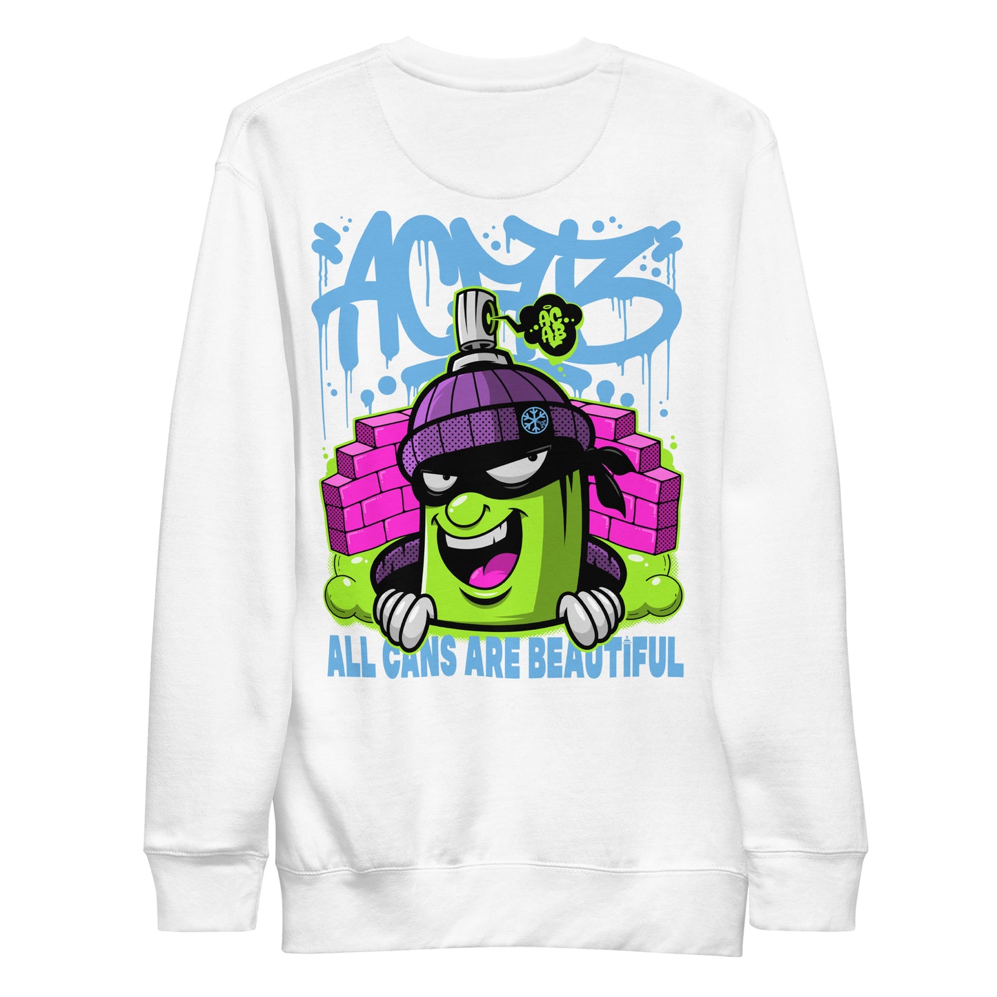 White-ACAB Graffiti Character Sweatshirt from B.Different Clothing, back view, graffiti-inspired streetwear