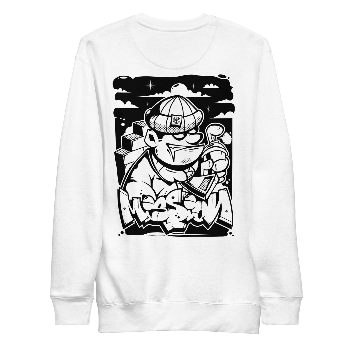 White-Mission Graffiti Character Sweatshirt from B.Different Clothing, back view, graffiti-inspired streetwear