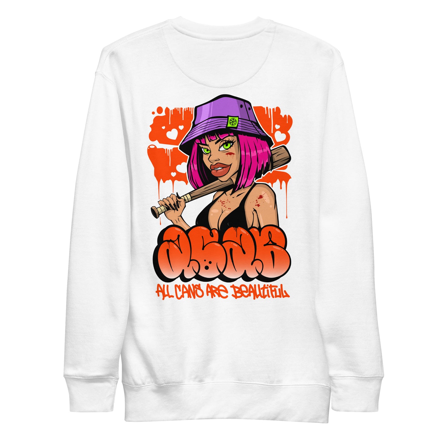 White-ACAB Girl Graffiti Sweatshirt from B.Different Clothing, back view, graffiti-inspired streetwear