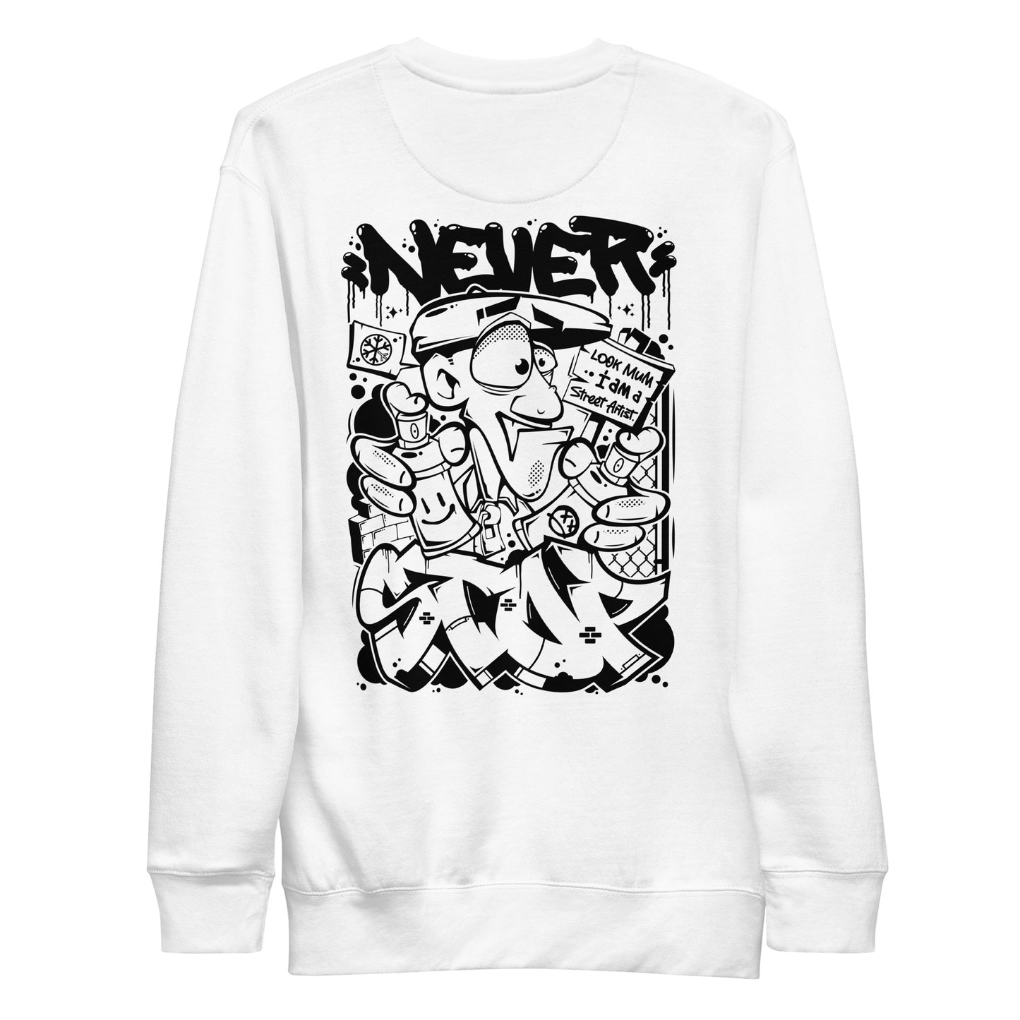 White-Never Stop Graffiti Character Sweatshirt from B.Different Clothing, back view, graffiti-inspired streetwear