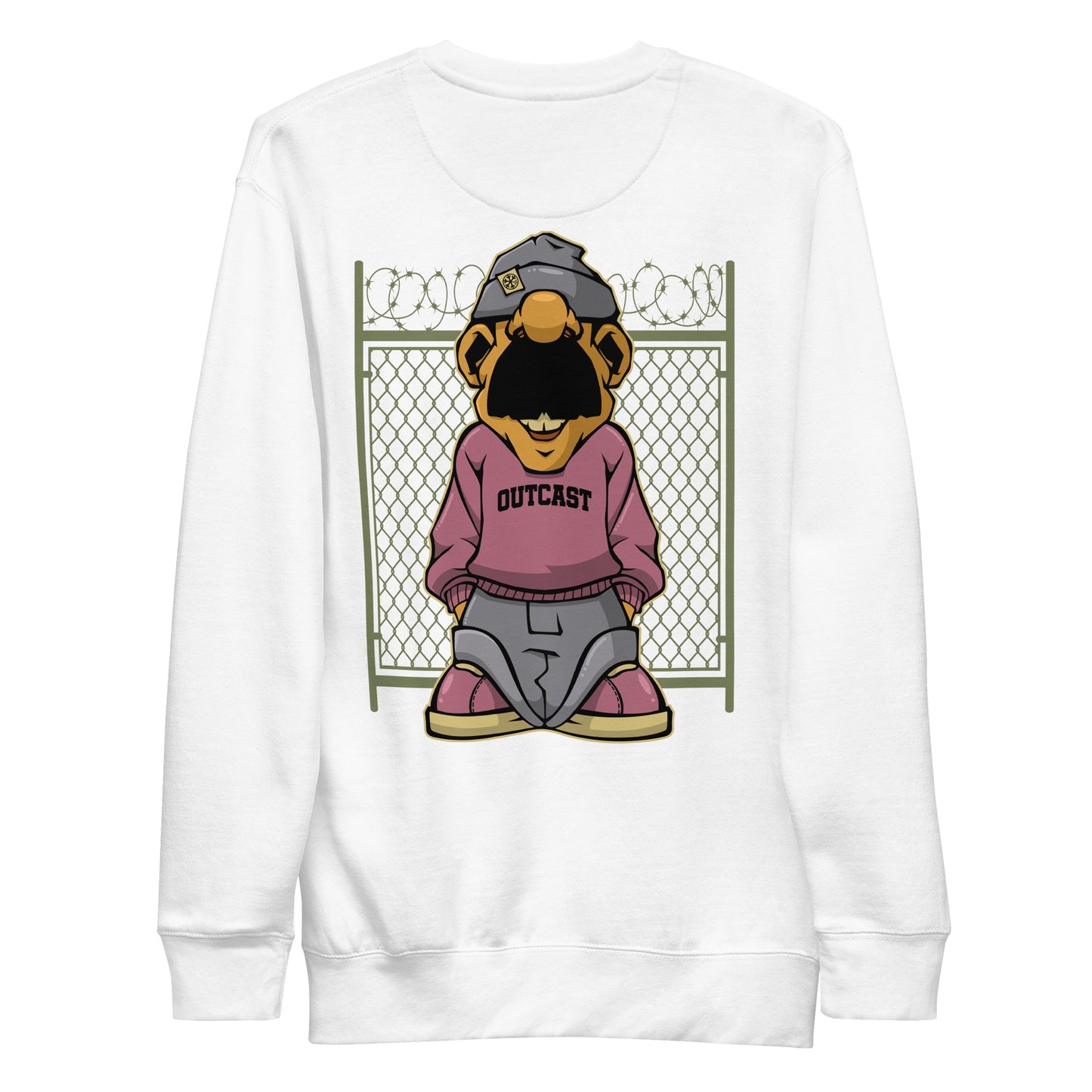 White-Outcast Graffiti Character Sweatshirt from B.Different Clothing, back view, graffiti-inspired streetwear