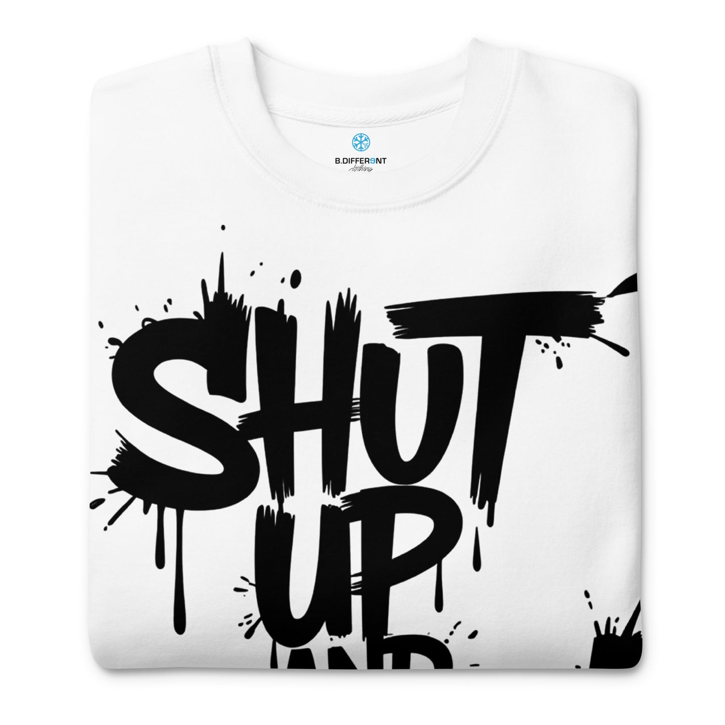 White-Shut Up and Paint Graffiti Sweatshirt from B.Different Clothing, folded, graffiti-inspired streetwear