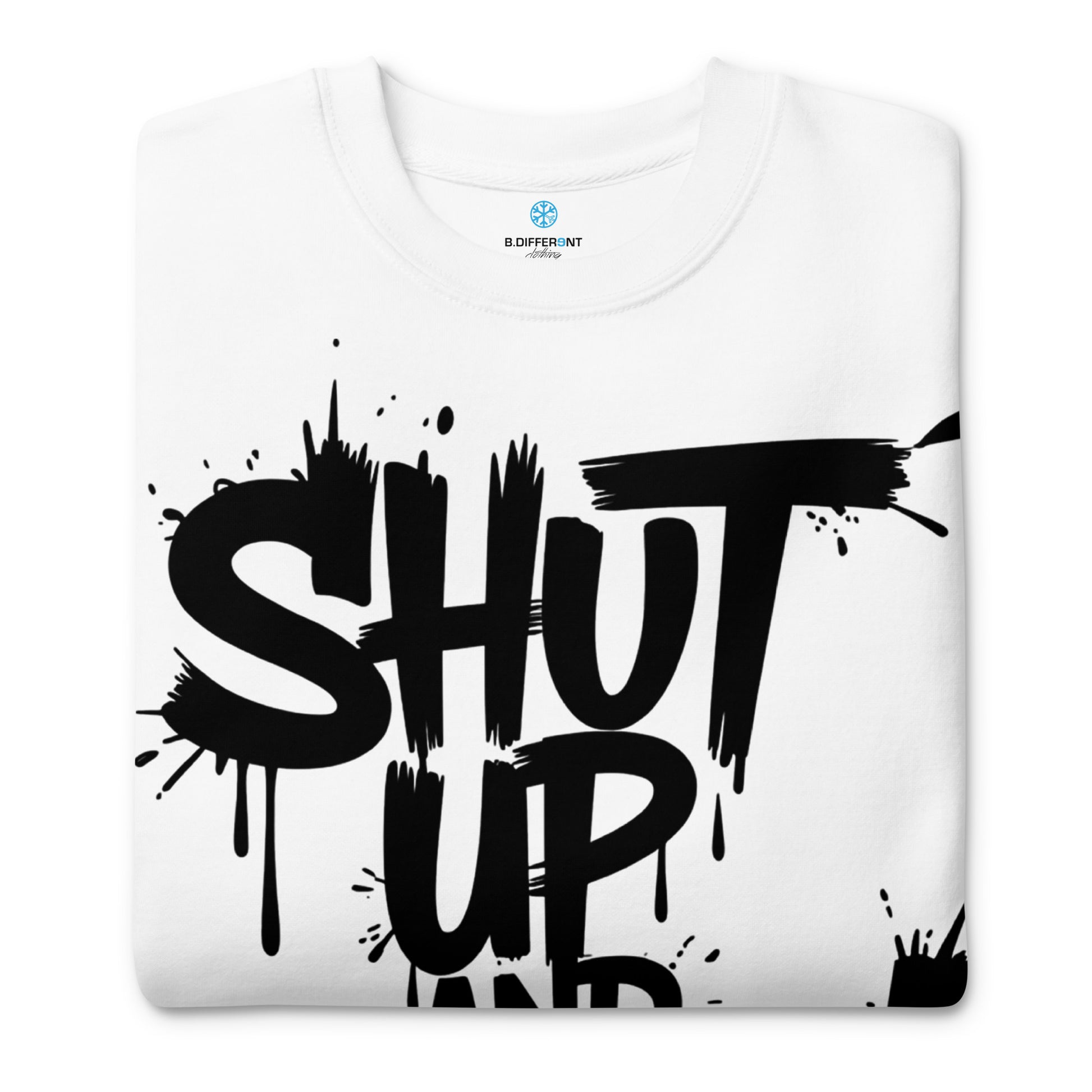 White-Shut Up and Paint Graffiti Sweatshirt from B.Different Clothing, folded, graffiti-inspired streetwear