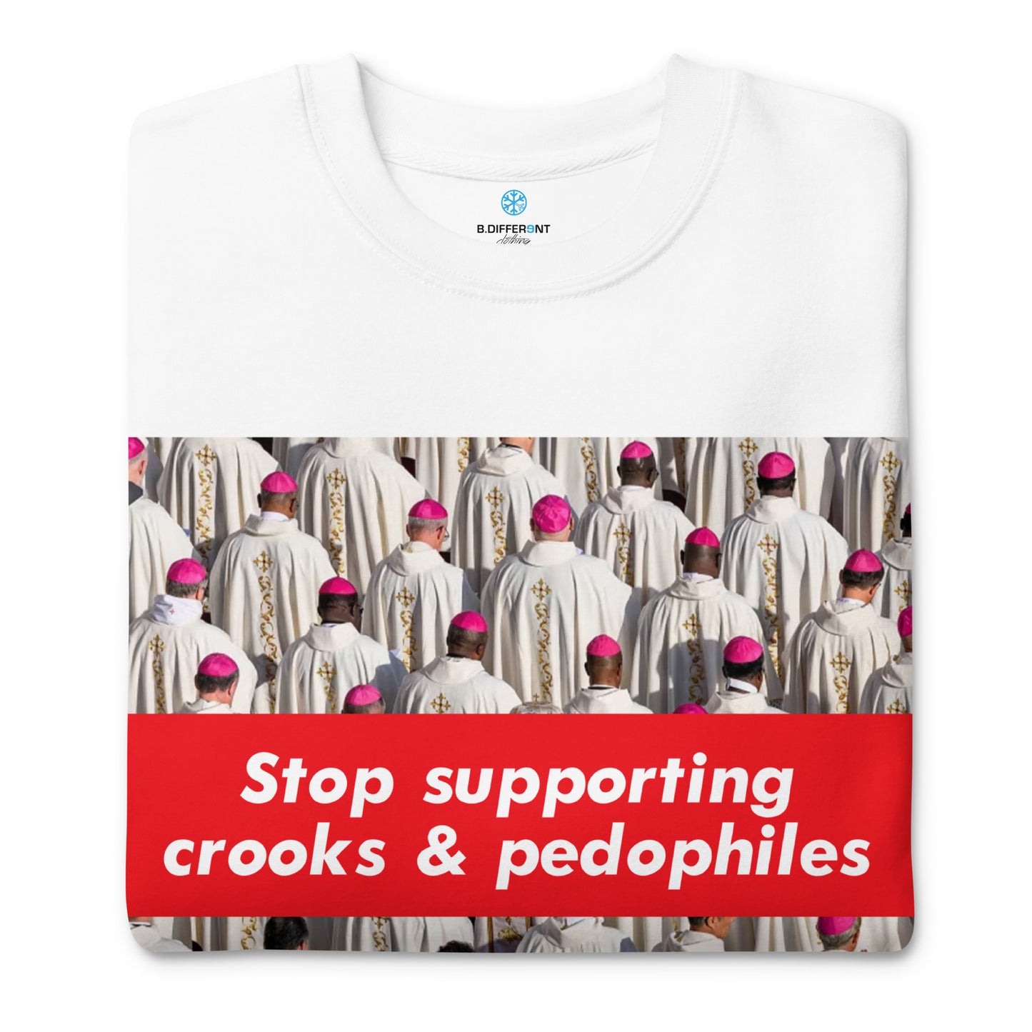 White-Vatican Crooks Sweatshirt from B.Different Clothing, folded, graffiti-inspired streetwear