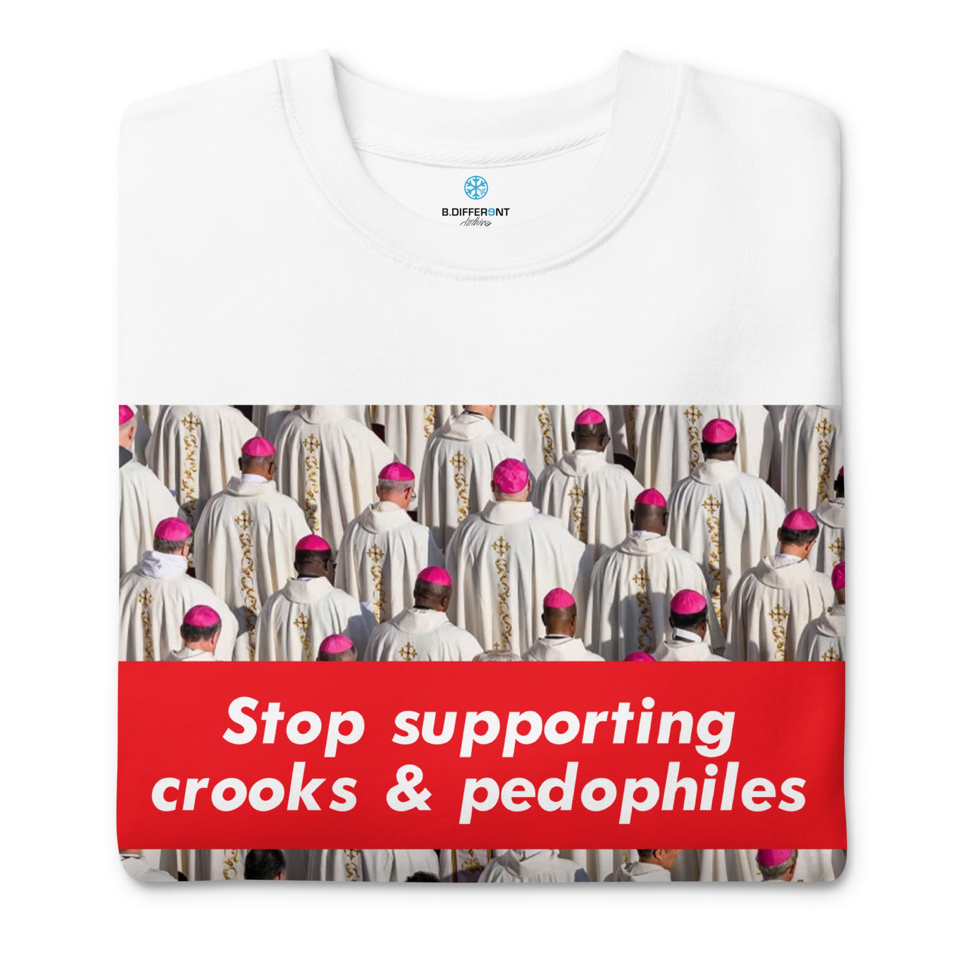 White-Vatican Crooks Sweatshirt from B.Different Clothing, folded, graffiti-inspired streetwear