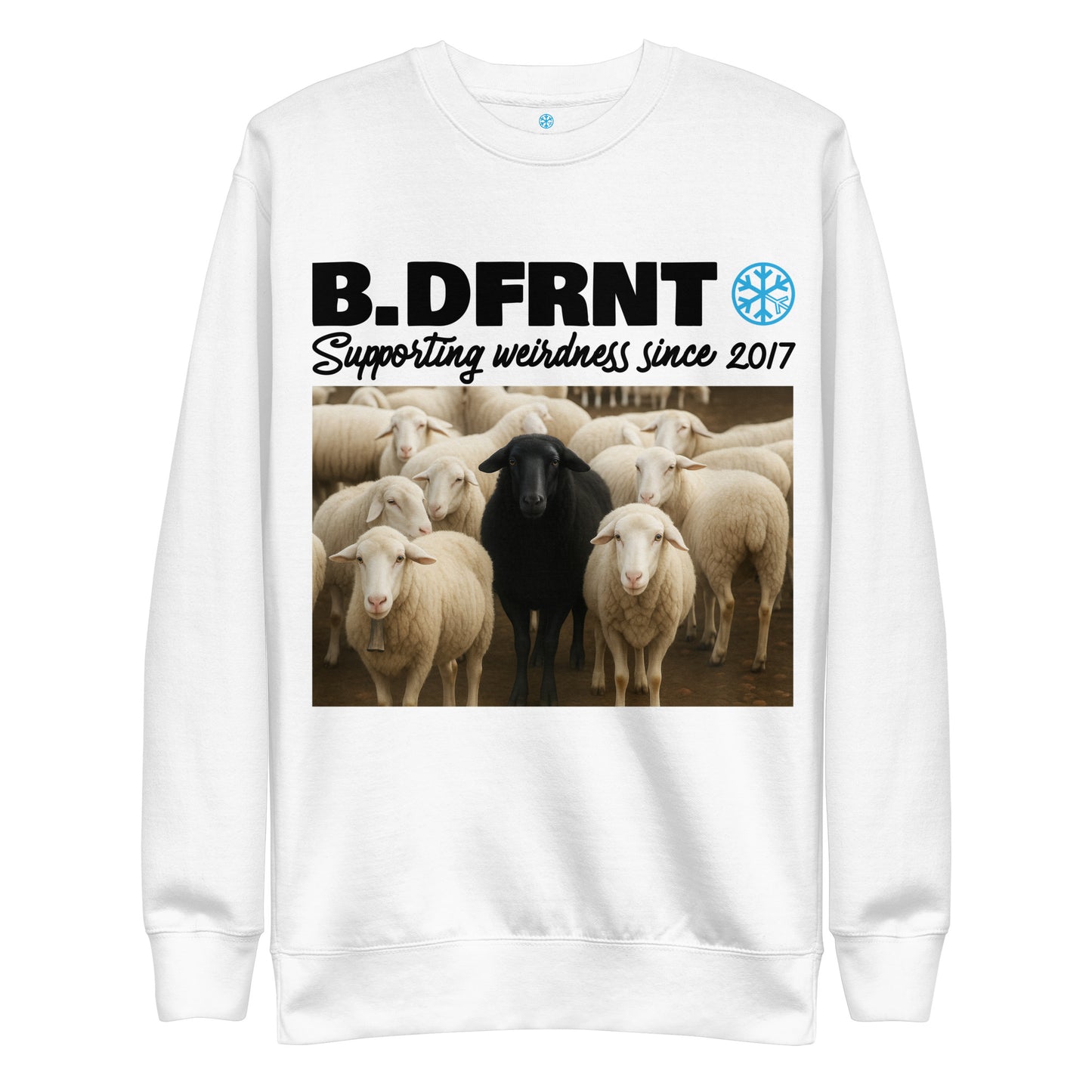 White-Black Sheep Sweatshirt from B.Different Clothing, front view, graffiti-inspired streetwear
