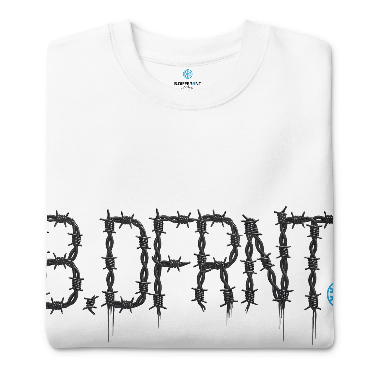 White-B.DFRNT Barbed Wire Sweatshirt from B.Different Clothing, folded, graffiti-inspired streetwear
