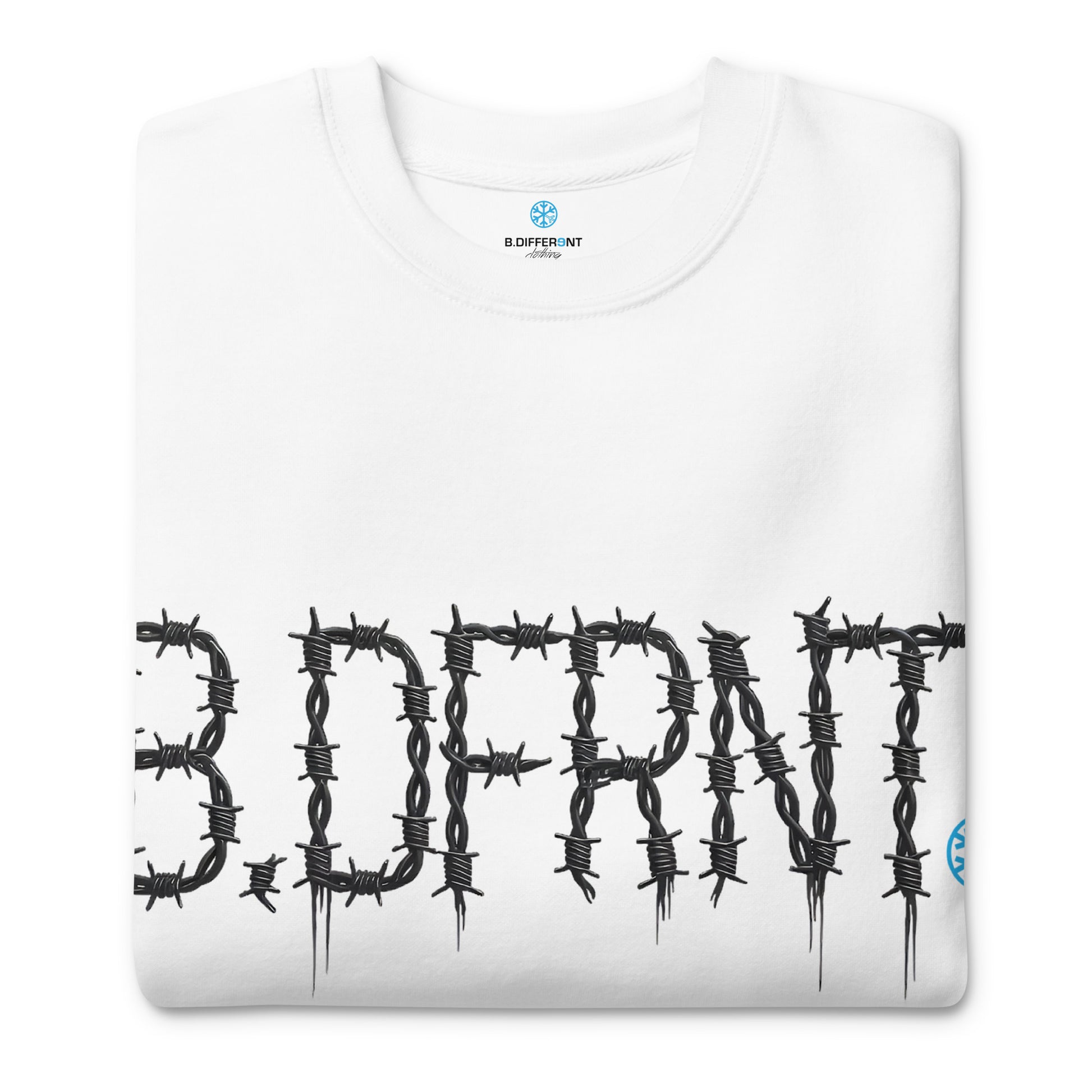 White-B.DFRNT Barbed Wire Sweatshirt from B.Different Clothing, folded, graffiti-inspired streetwear