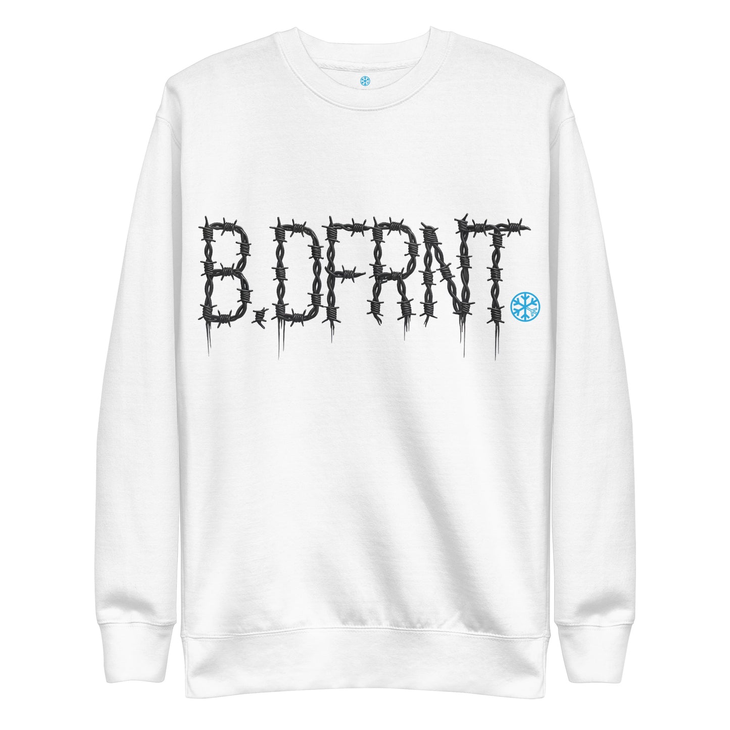 White-B.DFRNT Barbed Wire Sweatshirt from B.Different Clothing, front view, graffiti-inspired streetwear