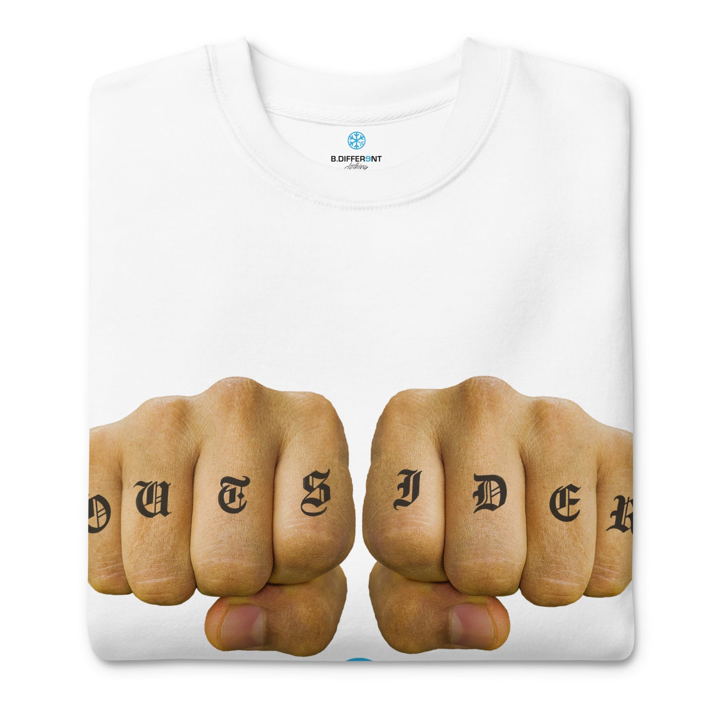 White-Outsider Tattoo Sweatshirt from B.Different Clothing, folded, graffiti-inspired streetwear