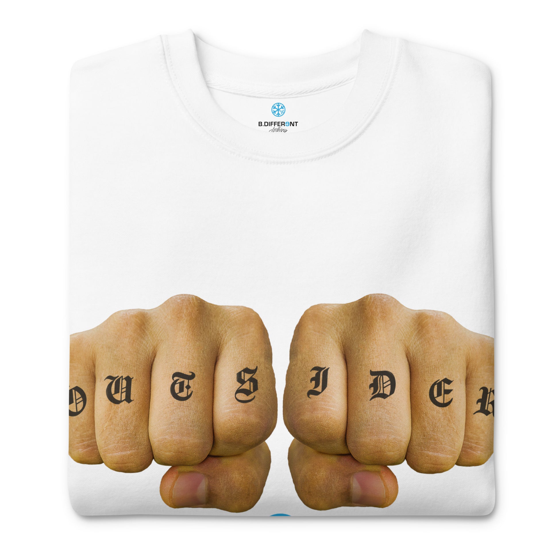White-Outsider Tattoo Sweatshirt from B.Different Clothing, folded, graffiti-inspired streetwear