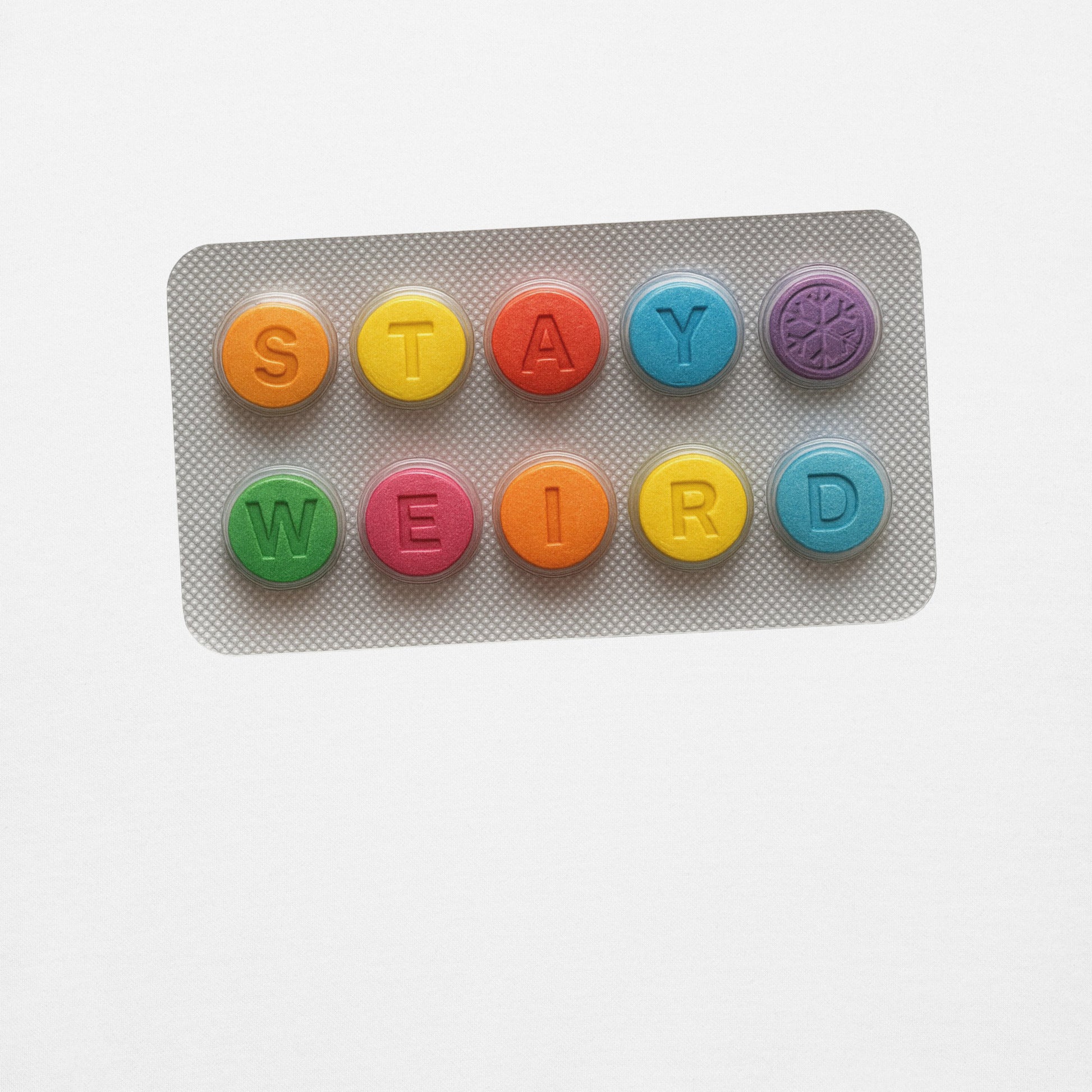 White-Stay Weird Pills Sweatshirt from B.Different Clothing, graphic, graffiti-inspired streetwear