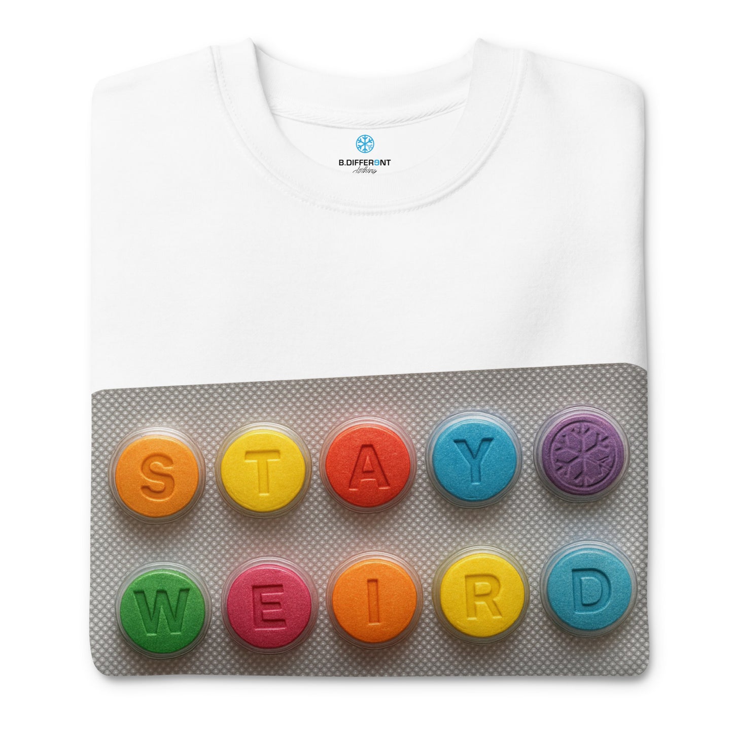 White-Stay Weird Pills Sweatshirt from B.Different Clothing, folded, graffiti-inspired streetwear