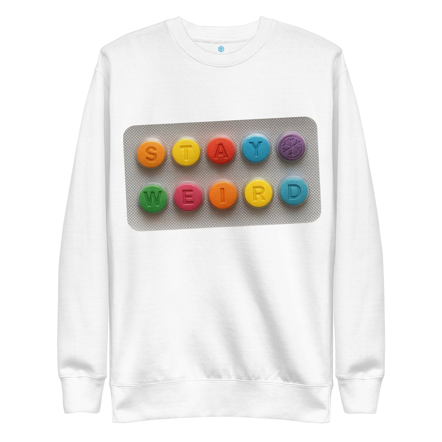 White-Stay Weird Pills Sweatshirt from B.Different Clothing, front view, graffiti-inspired streetwear